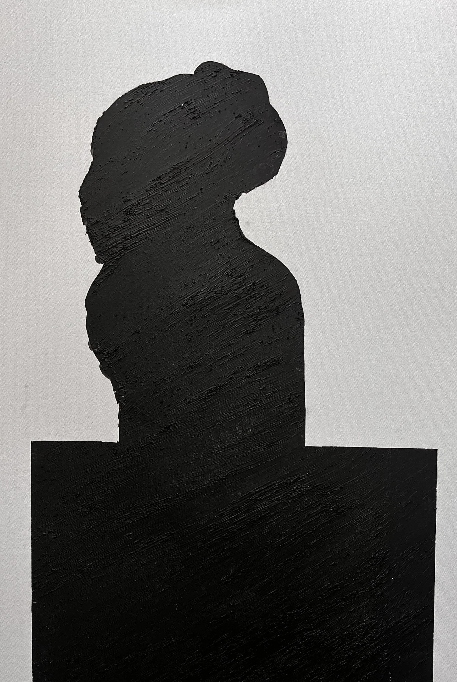 Silhouette painting of a character with hair tied up, possibly a woman, against a textured white background.