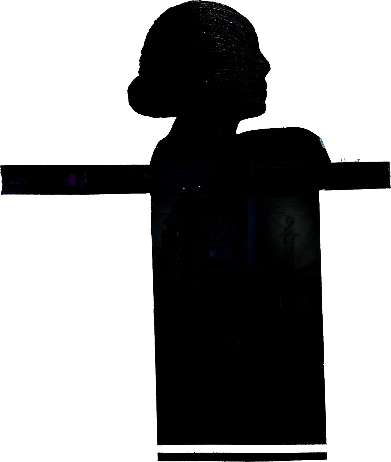 Silhouette of a woman with short hair standing sideways, backlit against a dark background.
