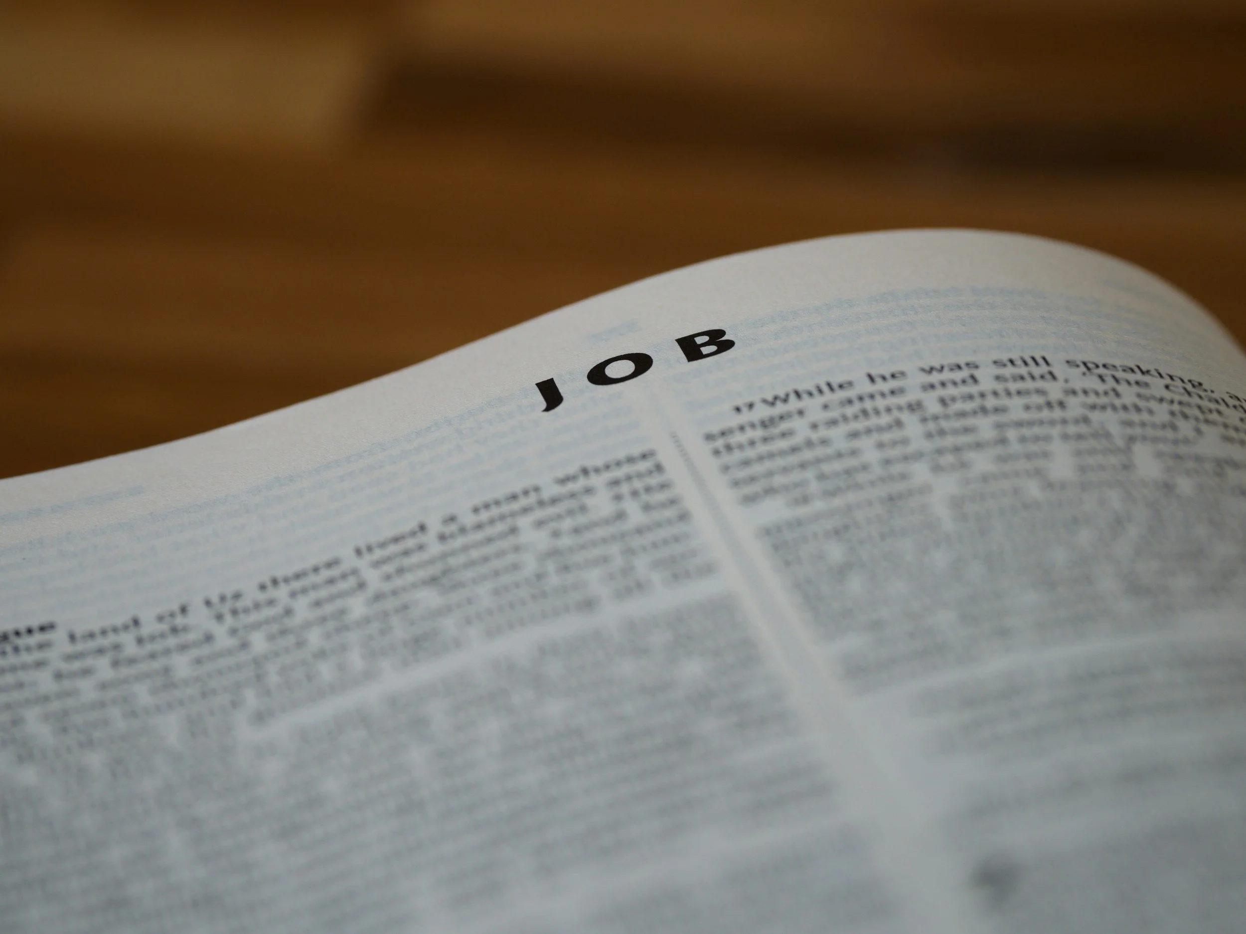 Close-up of an open Bible with the word 'JOB' in bold at the top of the page and text underneath.