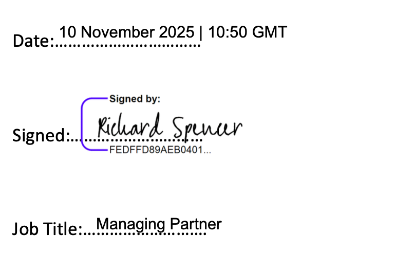 A scanned document with a date and time of November 10, 2025, at 10:50 GMT. It includes a signature by Richard Spencer and a job title listed as Managing Partner. The signature is handwritten in black ink.
