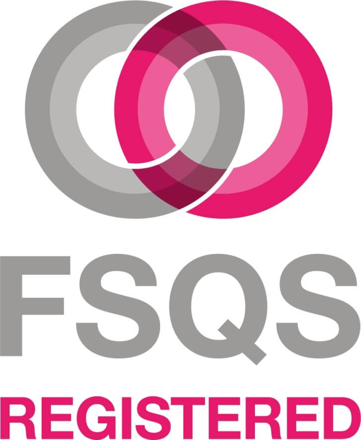 Circles in shades of pink and gray above the bold text 'FSQS' and the word 'REGISTERED' in pink.