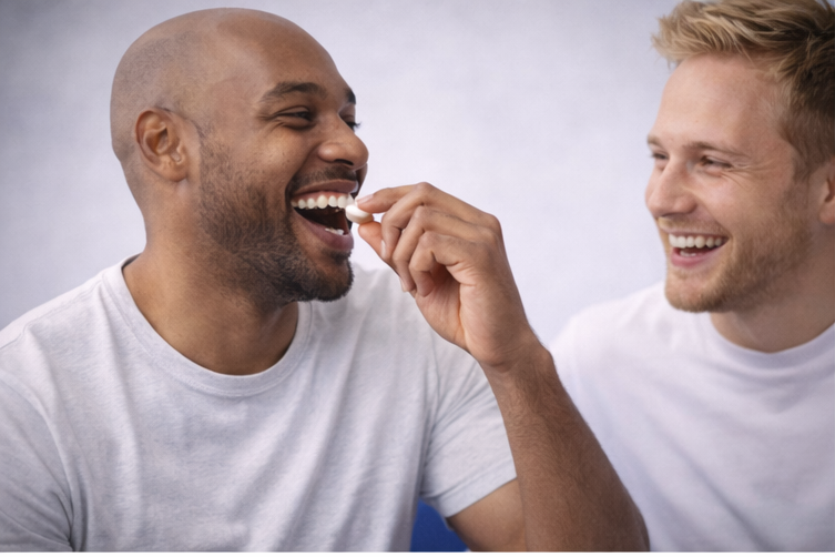 Two men sharing a moment, one feeding the other a pill or supplement, both smiling and appearing happy.