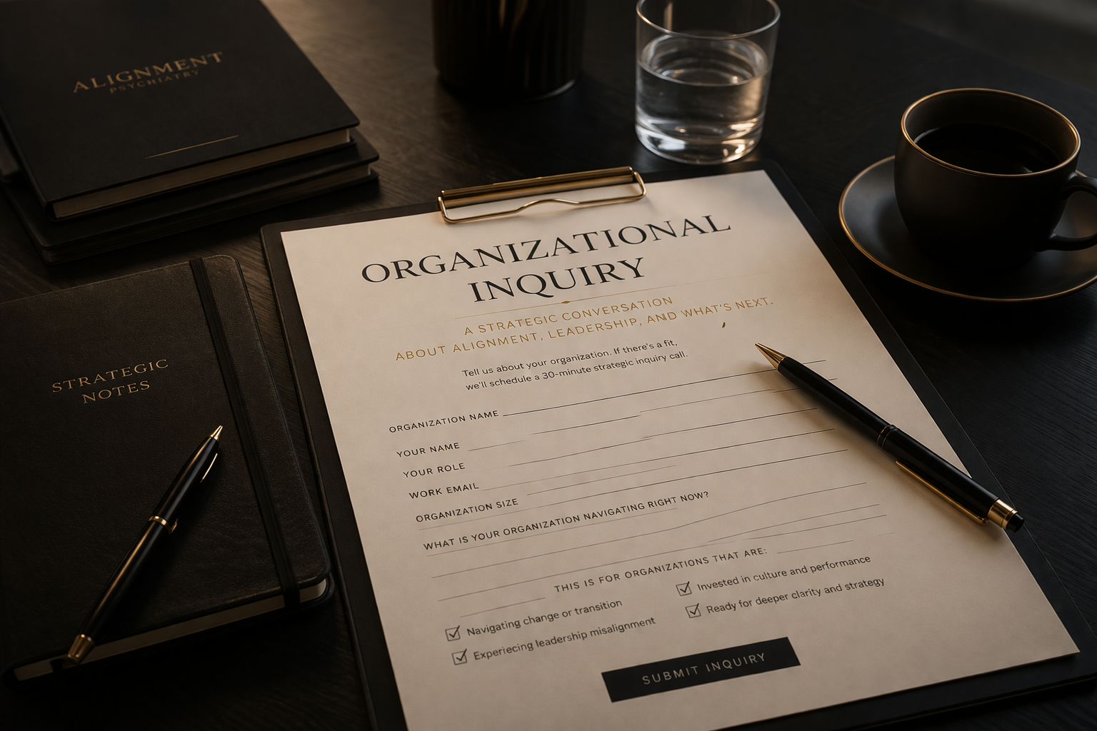 A clipboard with an organizational inquiry form, a black notebook labeled 'Strategic Notes,' and a black pen on a dark wooden desk. Other items include a glass of water, a black coffee cup with a gold rim on a saucer, and a black container in the background.