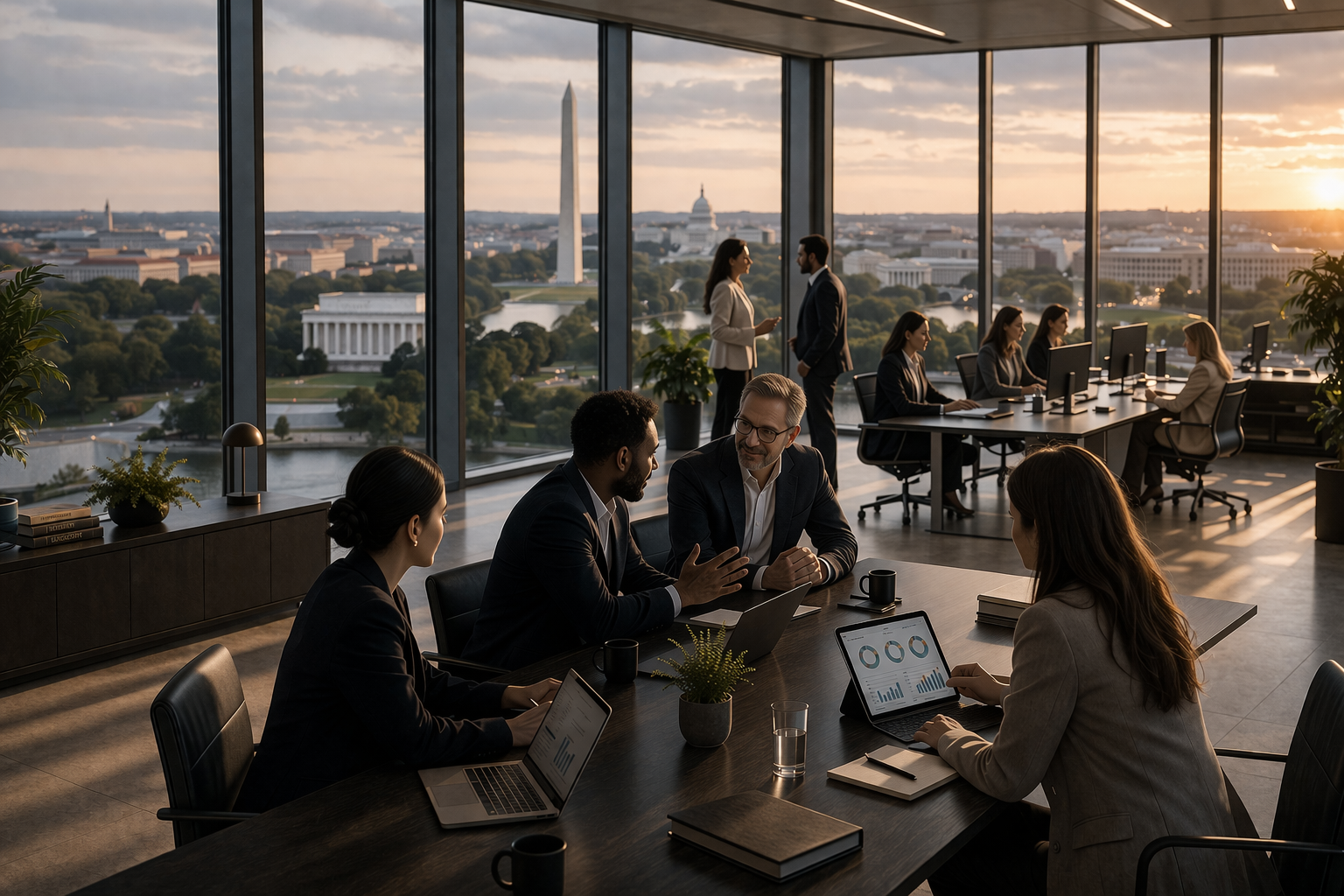 Business professionals in a modern conference room with floor-to-ceiling windows overlooking Washington, D.C., during sunset. Four people are engaged in a discussion at a large table with laptops, while others work at desks in the background.
