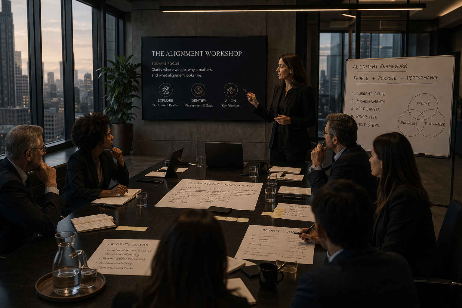 A professional woman is giving a presentation to a group of six diverse business people in a modern conference room with floor-to-ceiling windows showing a city skyline. The woman is pointing at a screen that reads 'The Alignment Workshop,' and the attendees are seated around a large table with notebooks, tablets, and glasses of water, listening attentively.