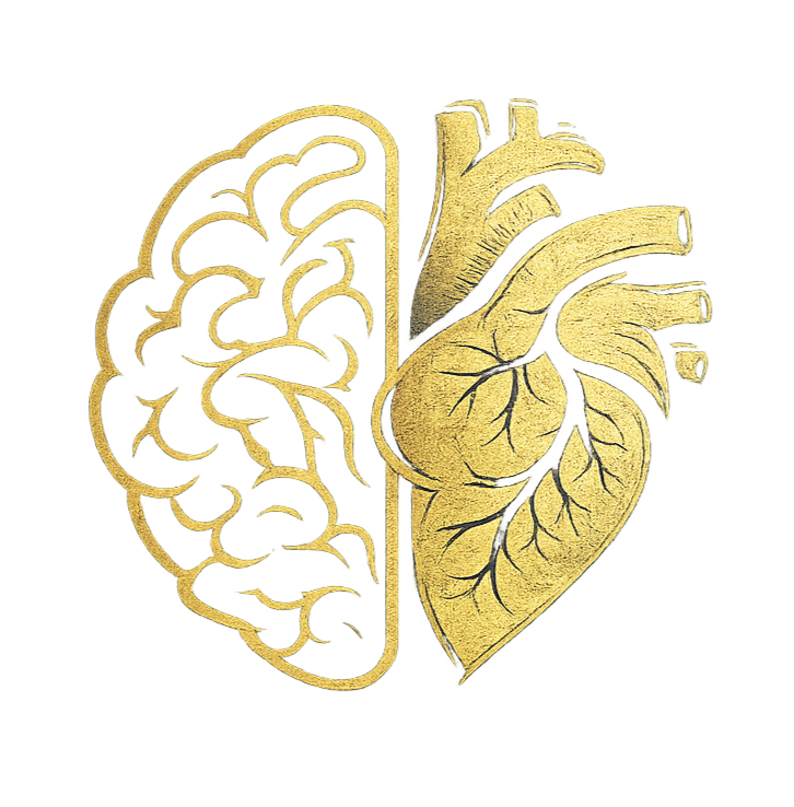 A stylized illustration combining a human brain on the left and a human heart on the right, with golden outlines and details.