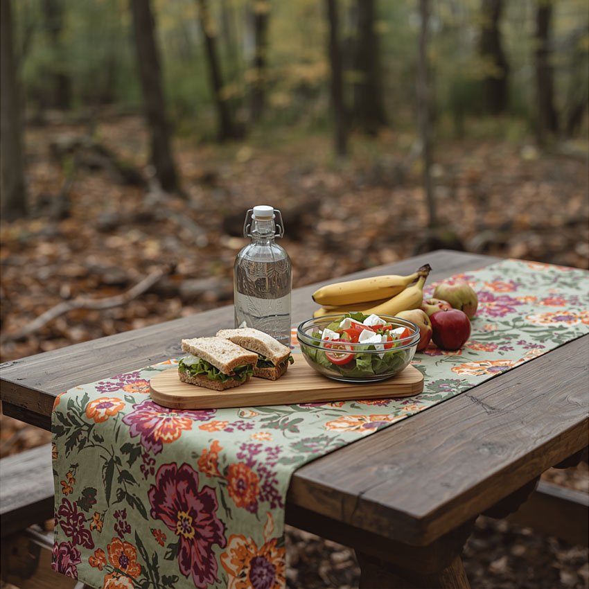 Gezonde lunch met brood, salade en fruit aan een houten picknicktafel in het bos, tijdens een begeleide wandelcoaching voor vrouwen 45+