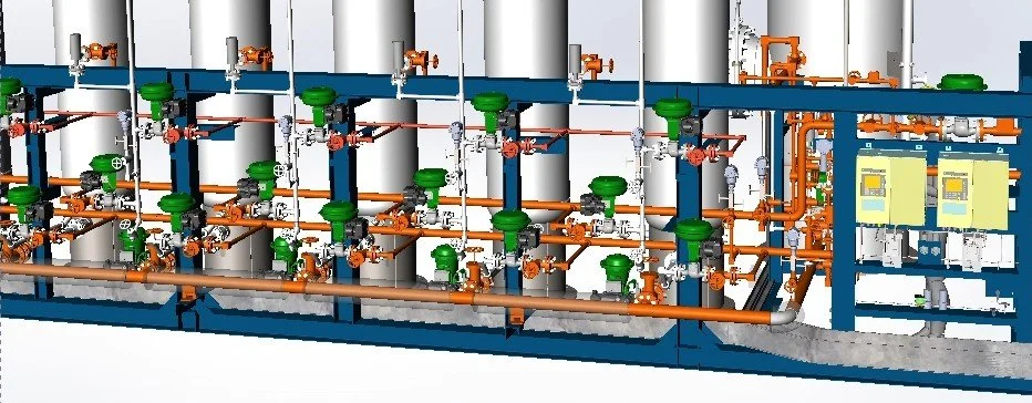 Industrial piping system with multiple valves, pipes, and control panels.
