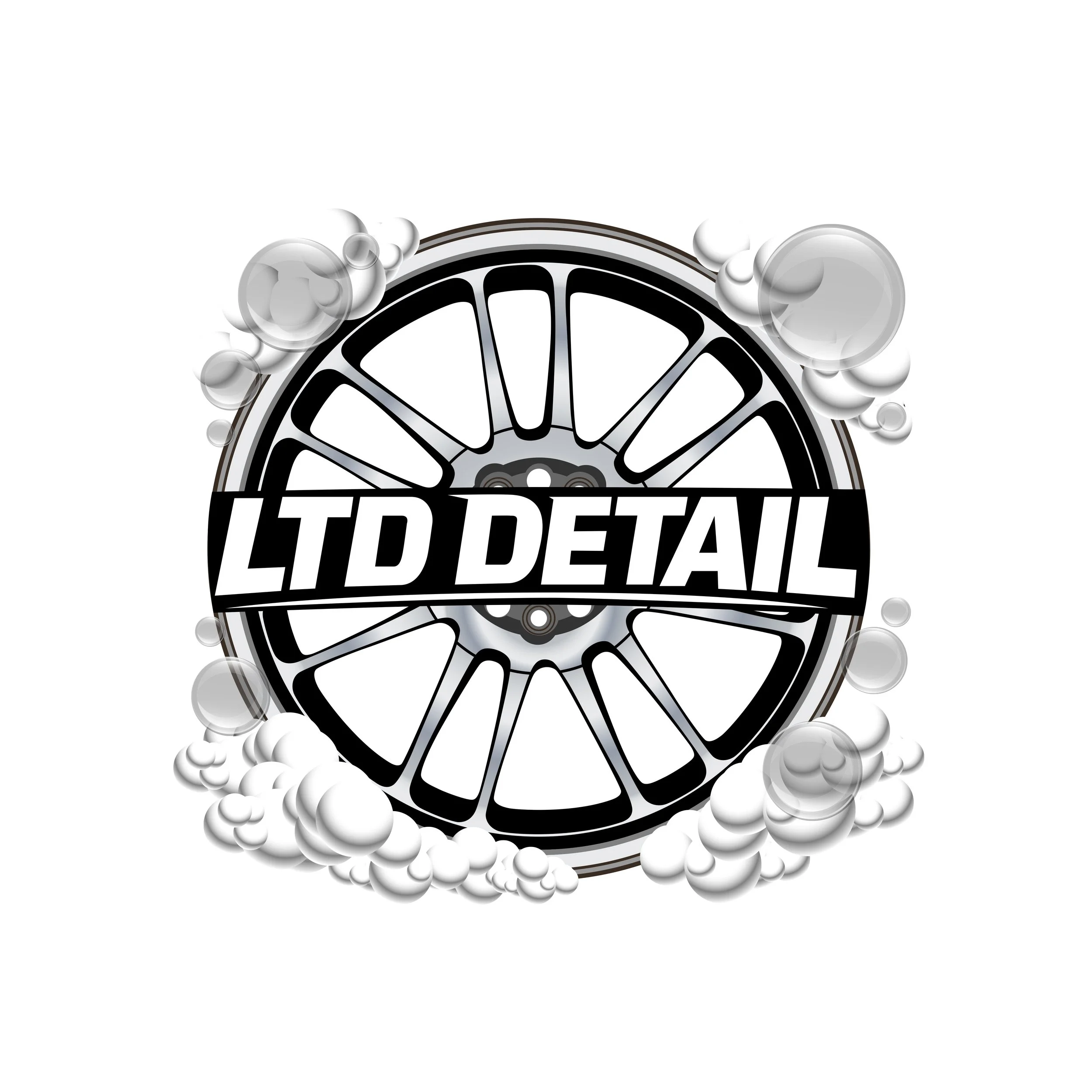A car wheel surrounded by soap bubbles with the text 'LTD DETAIL' across the center.