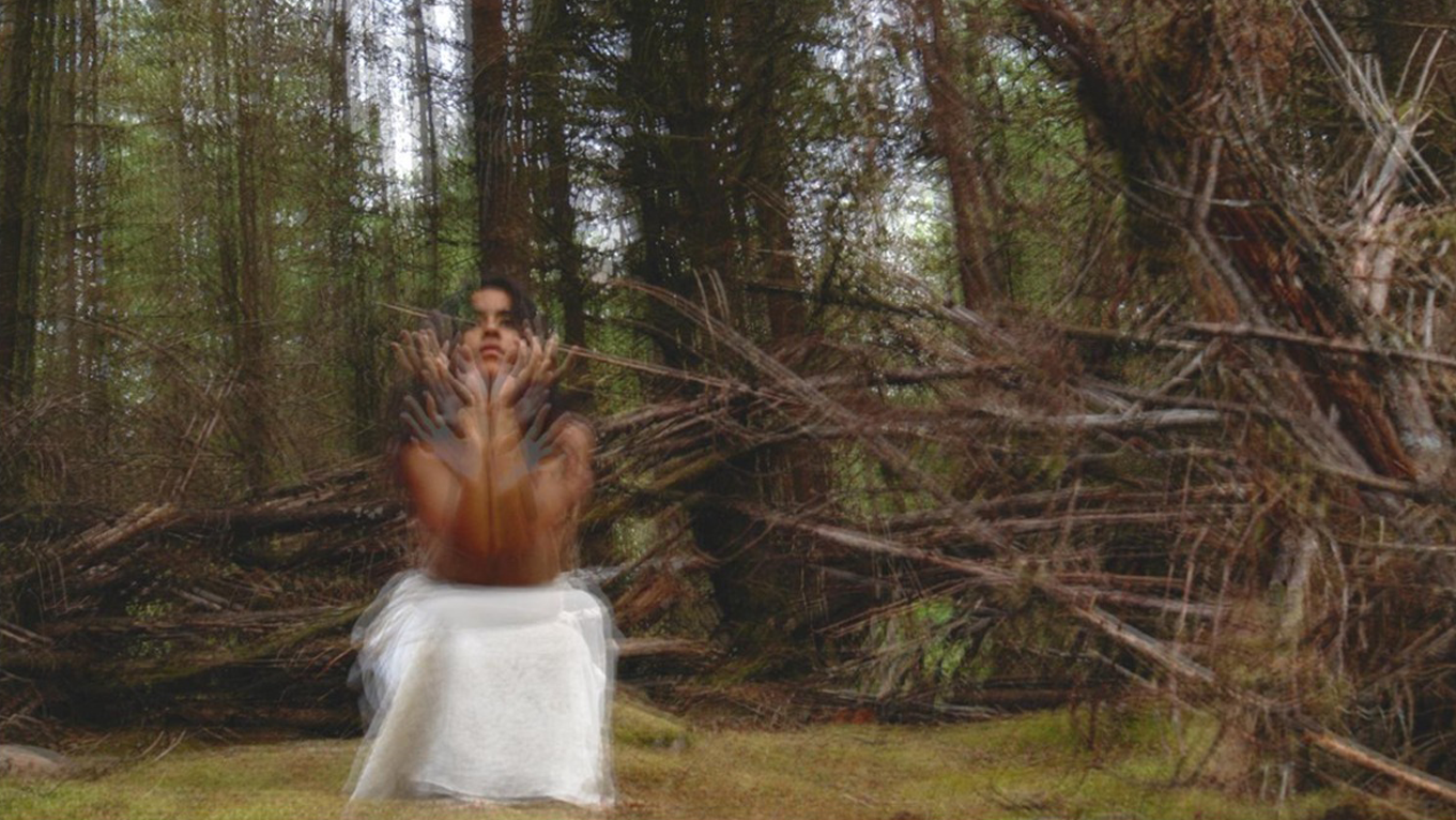 A woman wearing white outdoors in front of a background of trees and fallen branches, with multiple blurred hands around her face.