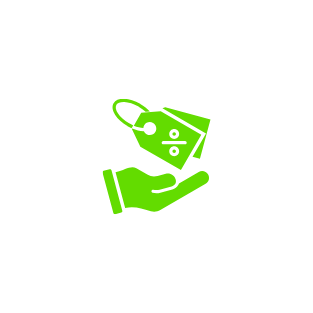 A hand holding a shopping tag with a chain loop, depicted in green, on a black background.