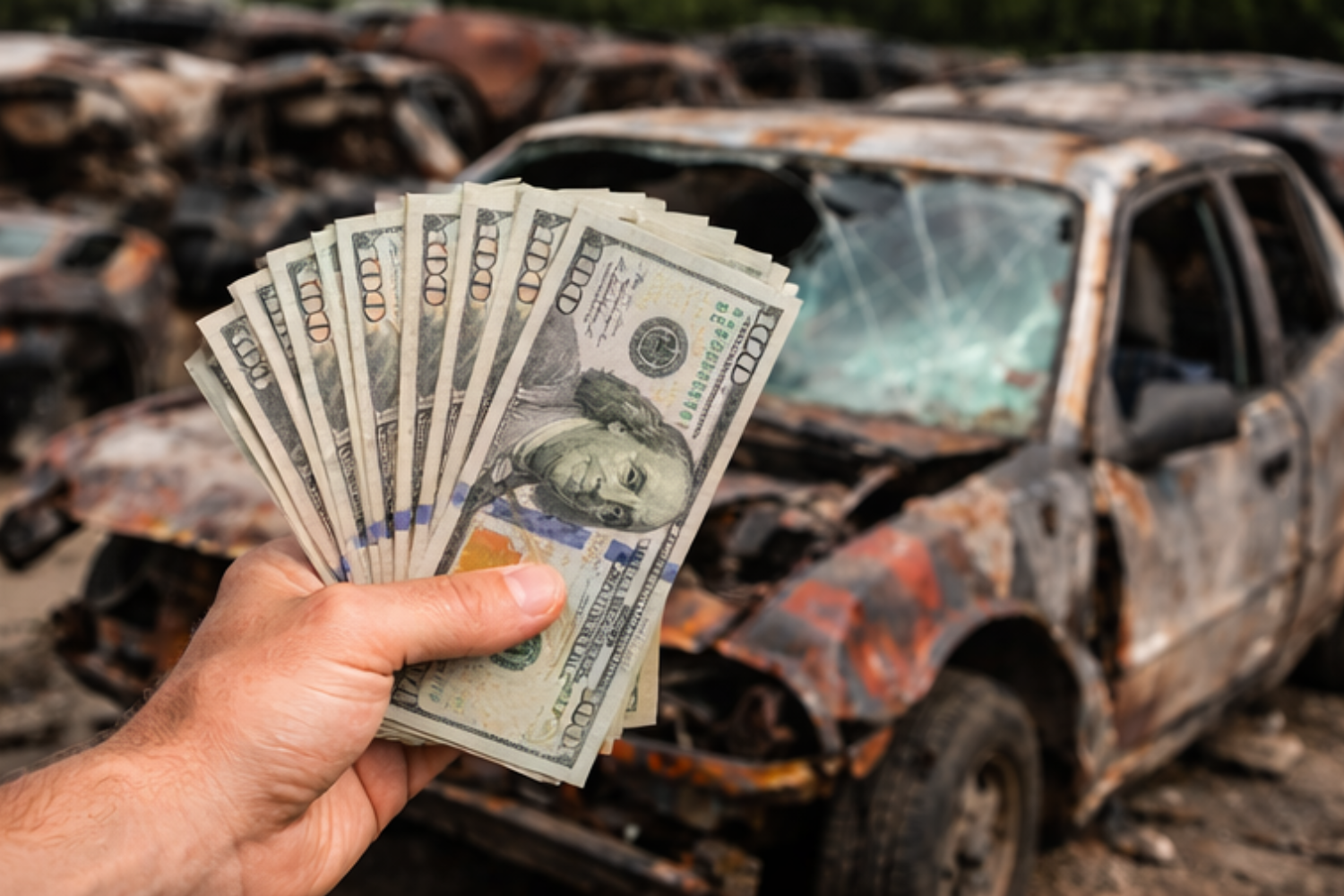 Fingers holding multiple hundred-dollar bills in front of a burnt-out, damaged car.