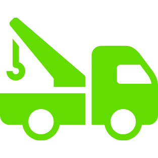 Green tow truck with a crane arm attached