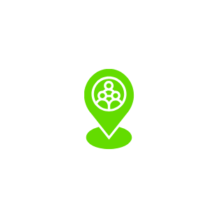 Green location pin icon with a group of people inside