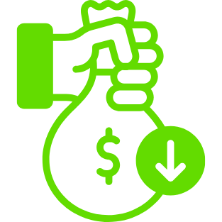 A green outline of a hand holding a money bag with a dollar sign, with a downward arrow indicating savings or withdrawal.