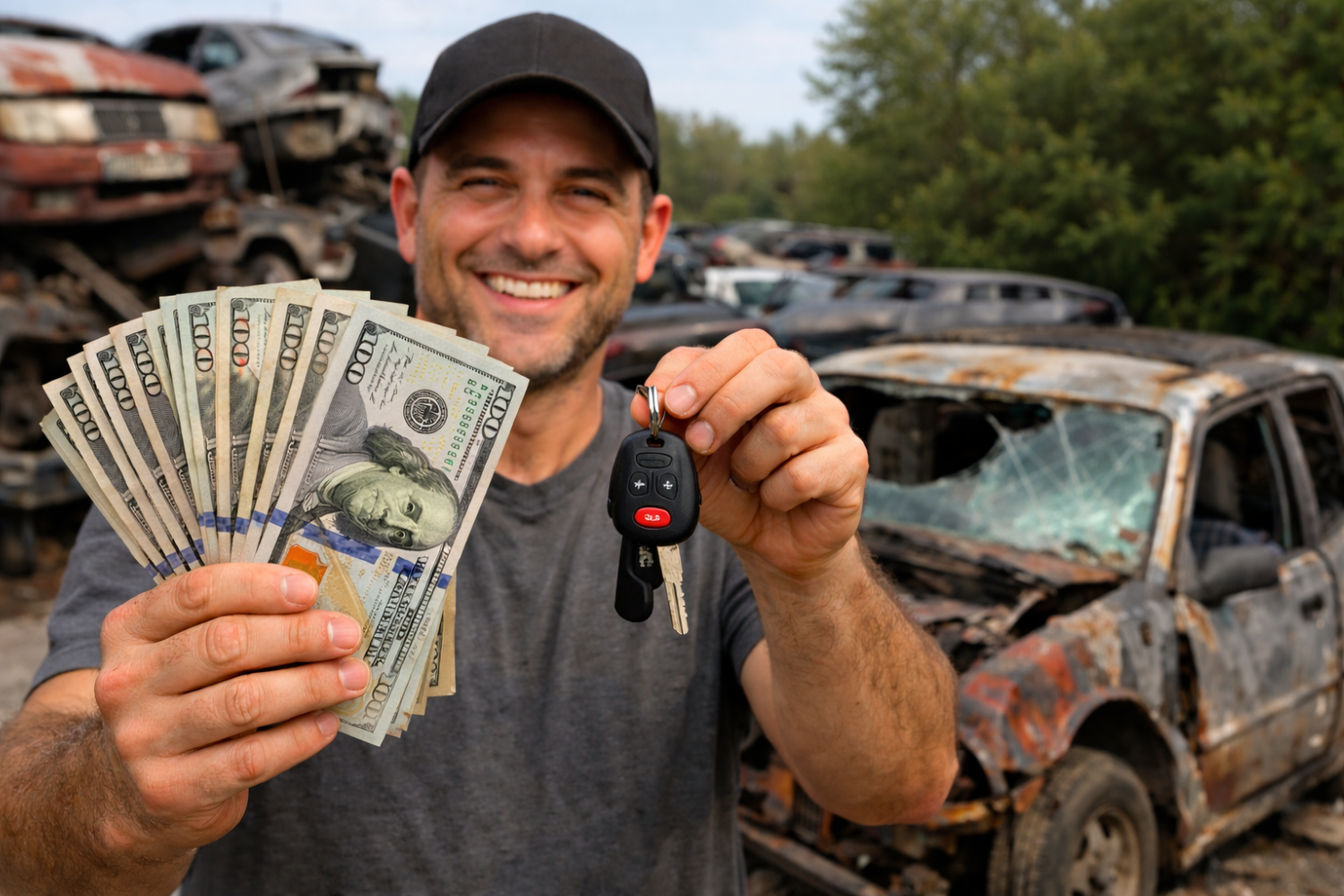 A man smiling holding a fan of one hundred dollar bills and car keys in front of a row of burned and wrecked cars.