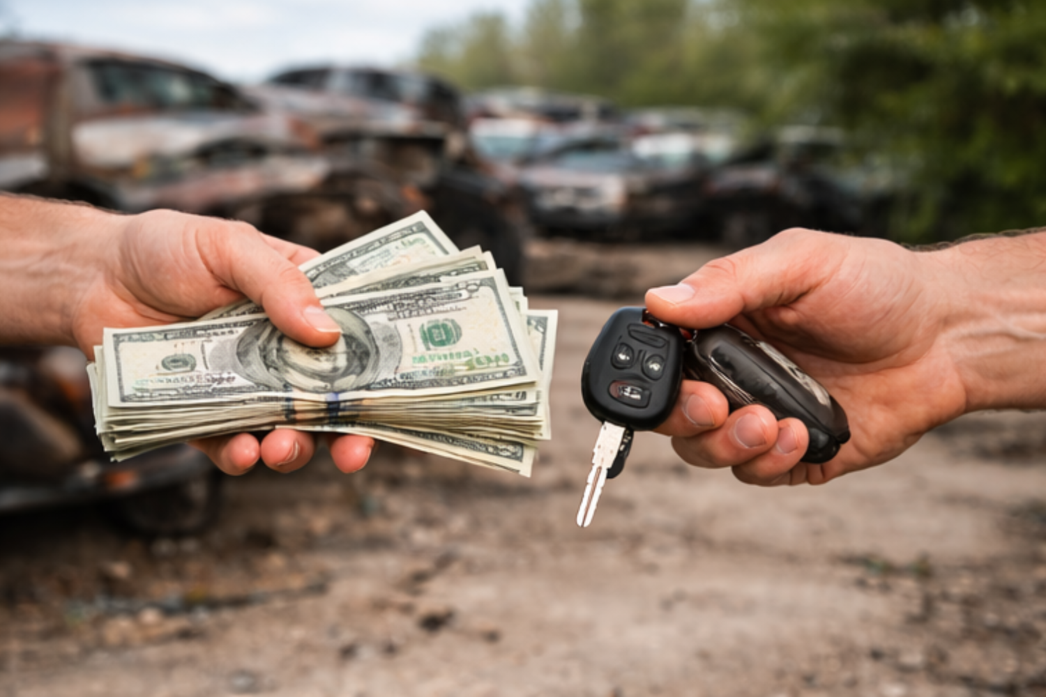 Two hands exchanging cash and car keys in front of a line of wrecked cars.