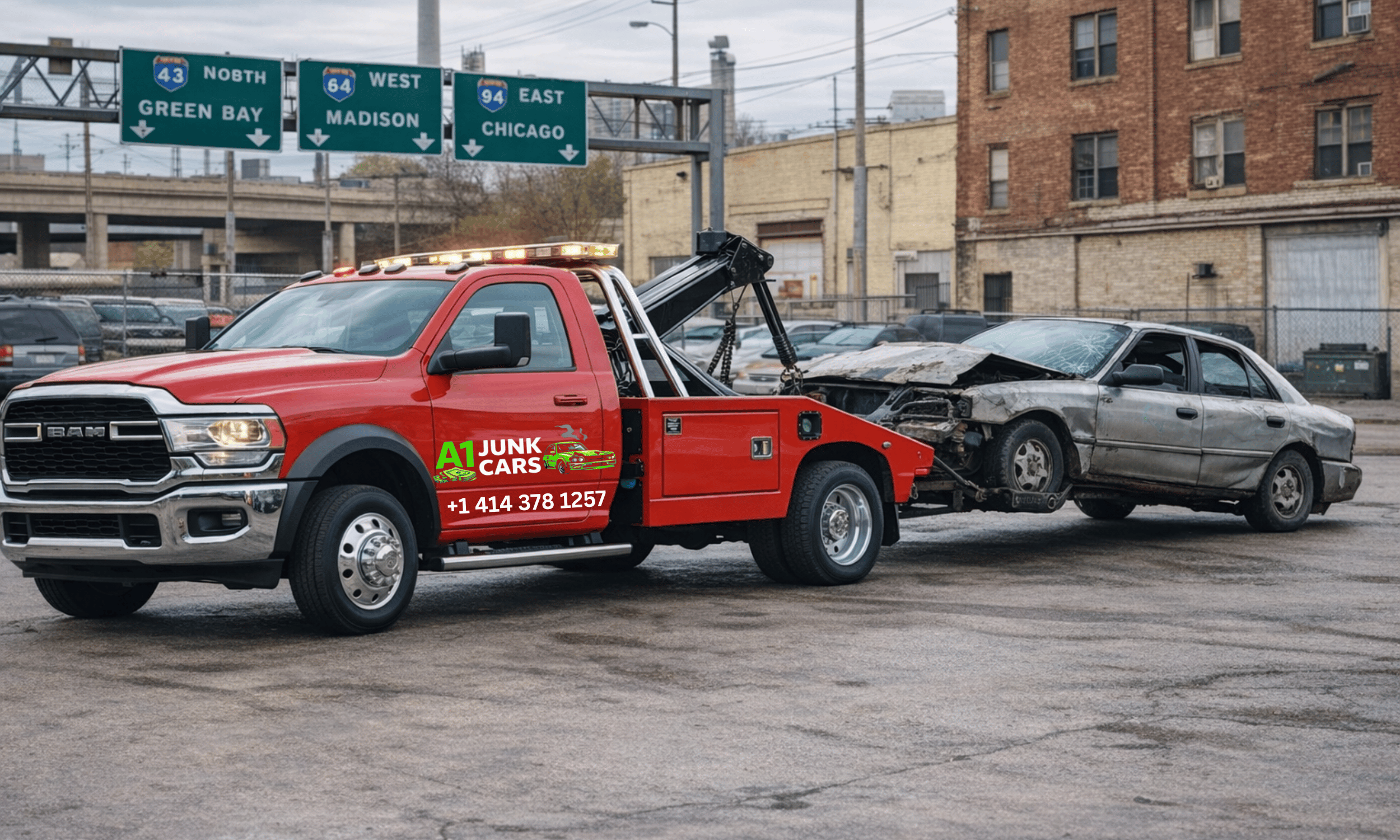 Tow truck in red with company logo and phone number towing a heavily damaged silver sedan in an urban area with brick buildings and highway signs overhead.