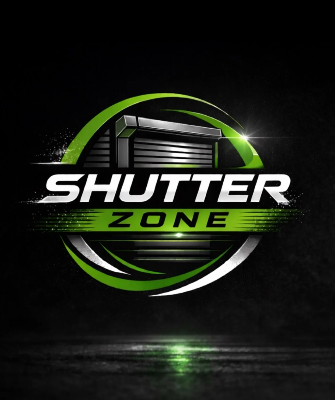 Logo with garage door graphic and the text 'Shutter Zone' in white and green on a black background.