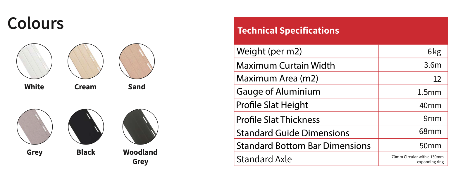 Product color options and technical specifications chart. Colors include White, Cream, Sand, Grey, Black, and Woodland Grey. Specifications detail weight, curtain width, area, gauge, slider dimensions, guide and bottom bar dimensions, and axle size.