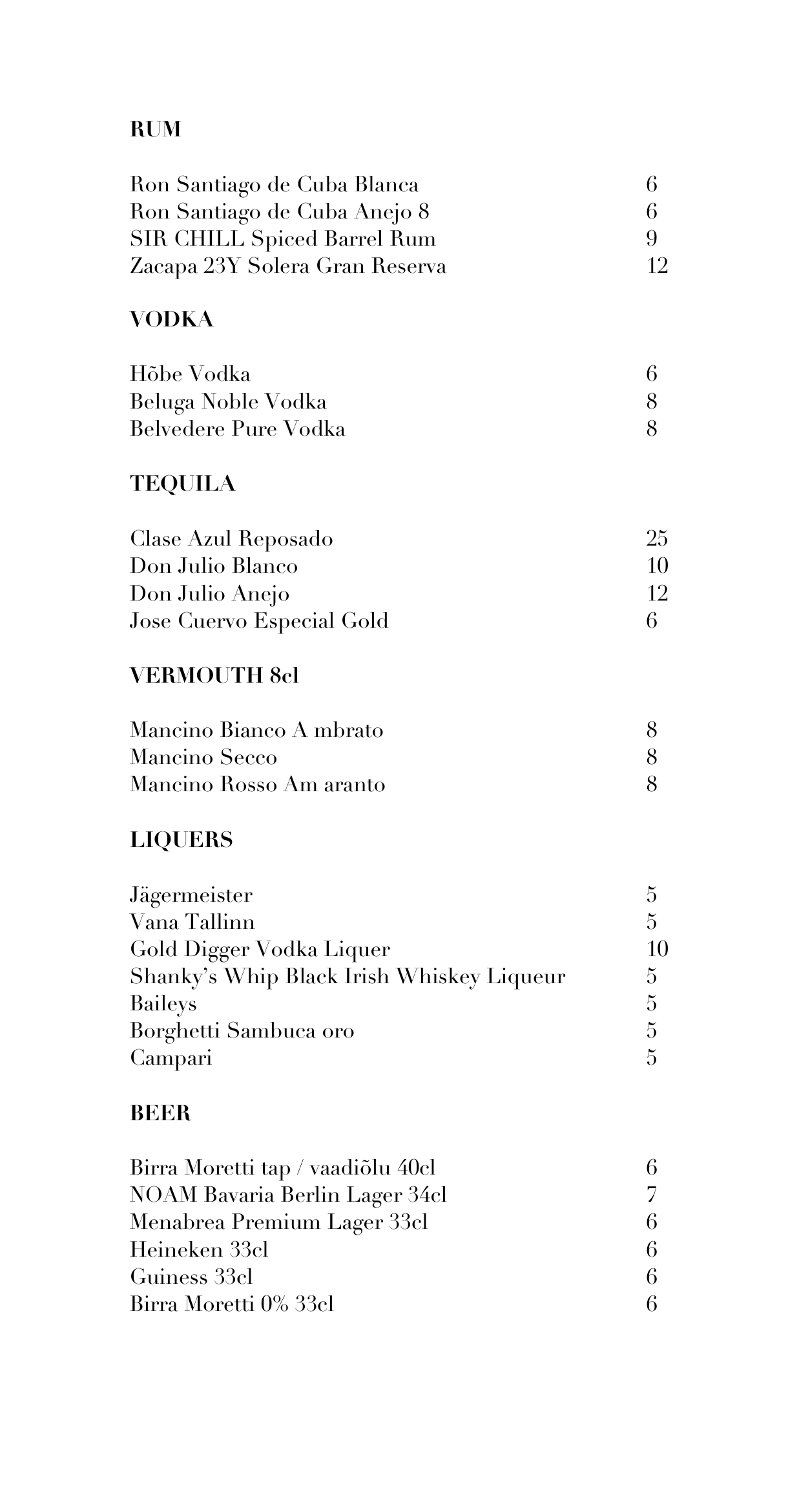 A drink menu listing various spirits and beverages, including rum, vodka, tequila, vermouth, liqueurs, and beer with their prices.