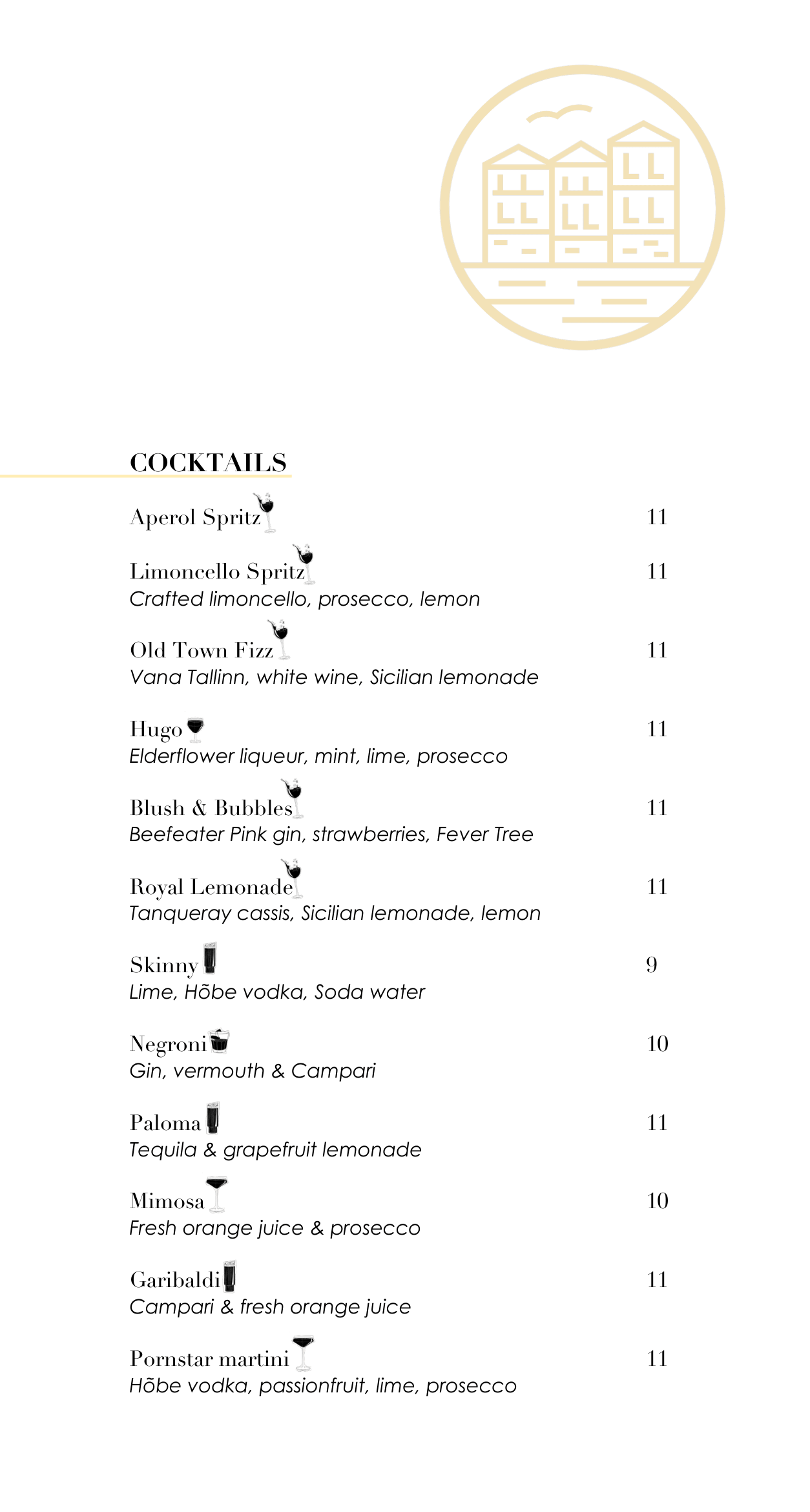 Menu page featuring a list of cocktails with names, ingredients, and prices, including Aperol Spritz, Limoncello Spritz, Old Town Fizz, Hugo, Blush & Bubbles, Royal Lemonade, Skinny, Negroni, Paloma, Mimosa, Garibaldi, and Pornstar Martini. Icons of 