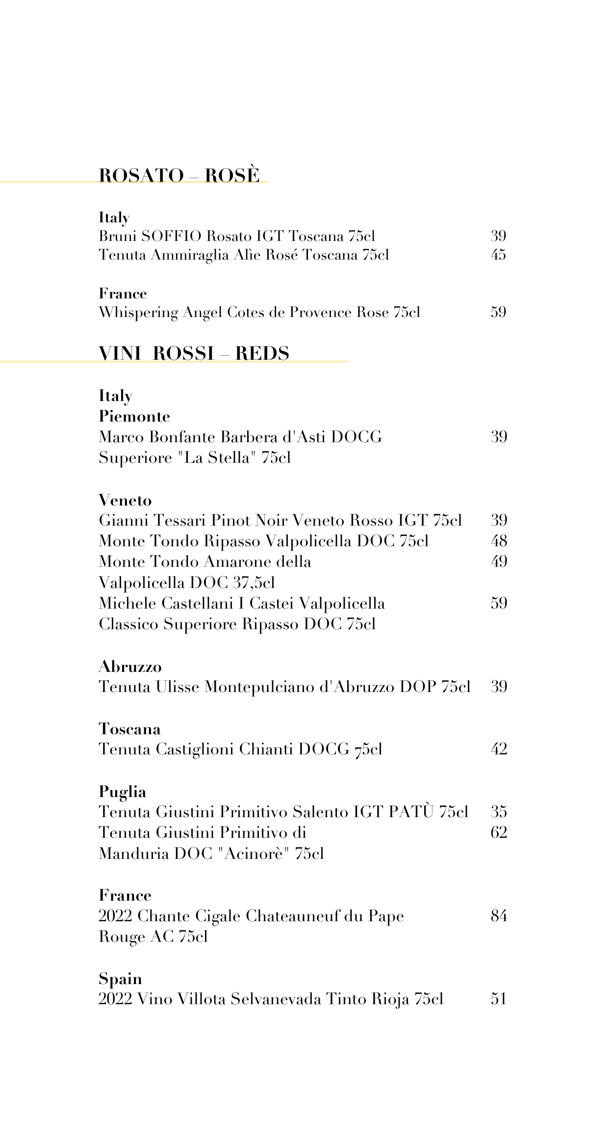 Wine menu with sections for rosé and red wines, listing wines and prices from Italy, France, Spain, and other regions.