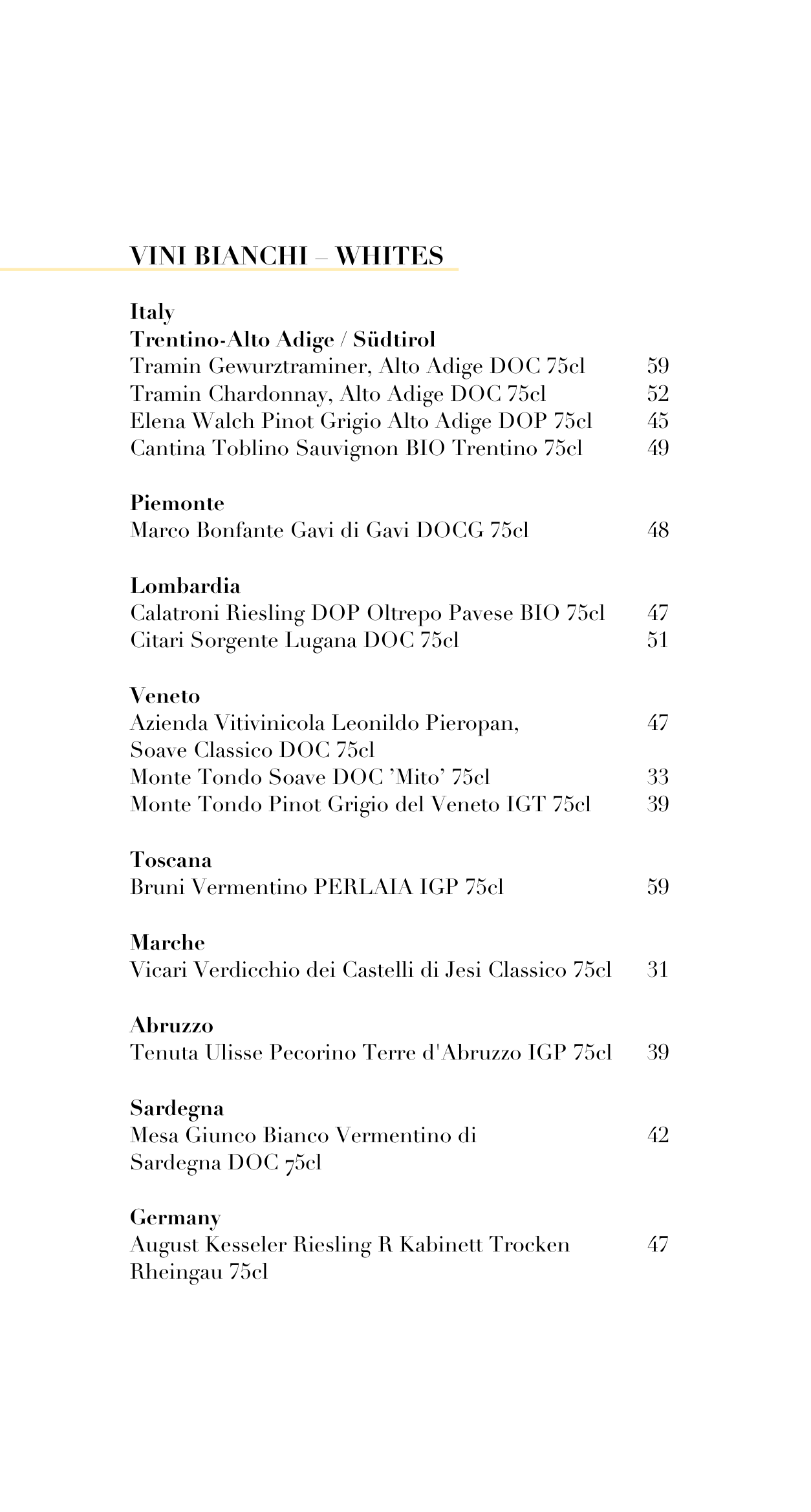 Menu of white wines from various Italian regions, listing wine names, producers, and prices.
