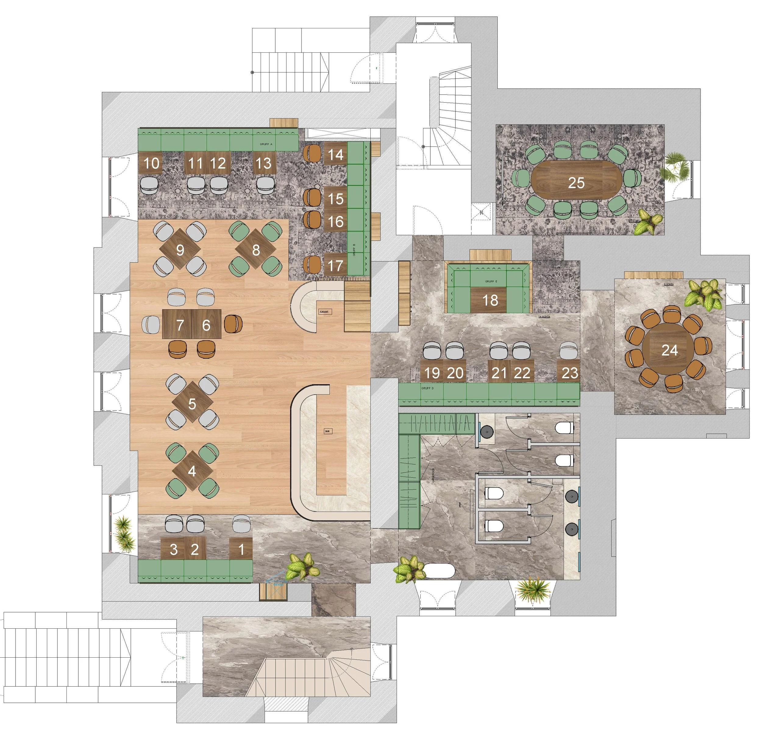Floor plan of an a'la carte restaurant with various seating areas, meeting rooms, a reception desk, restrooms, and outdoor patios, with numbered labels indicating different sections.