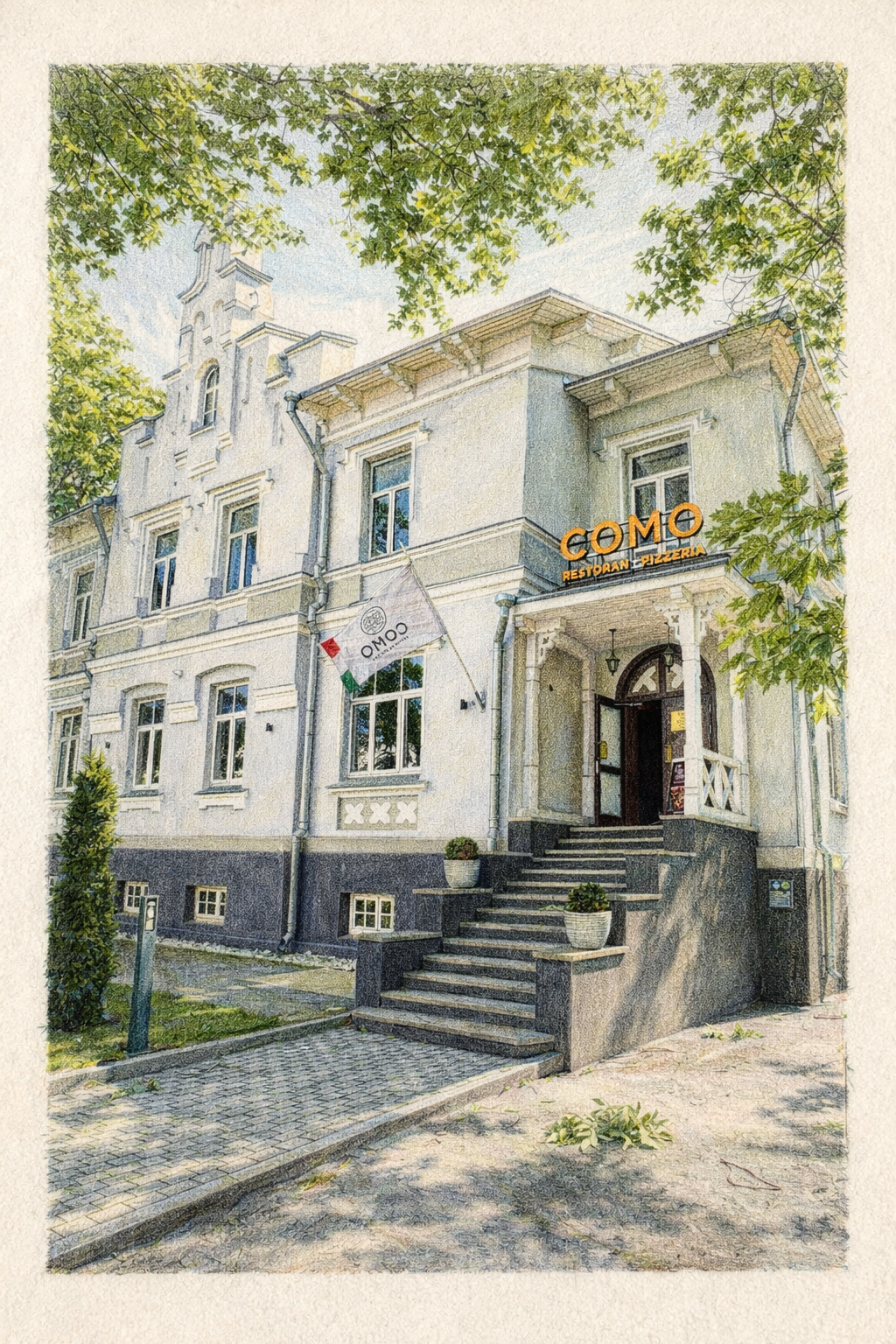 A white historic building with a sign that reads Como Restoran Pizzeria, surrounded by trees and greenery, with stairs leading to the main entrance and a flag with the words Como hanging on the front.