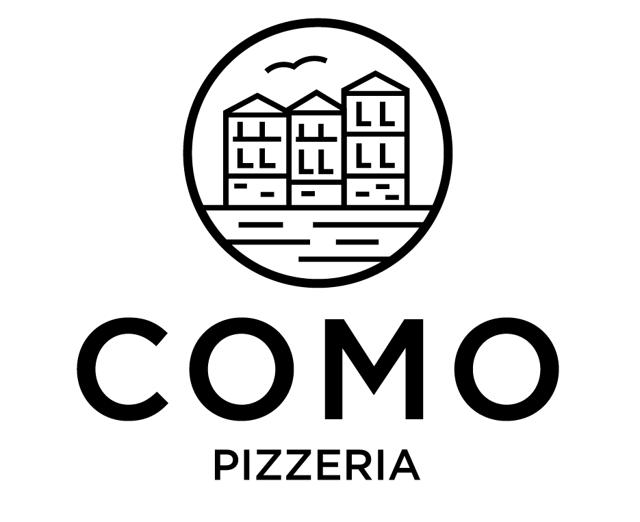 Logo featuring a circular outline with a line drawing of a house and trees inside, and the word 'COMO' below