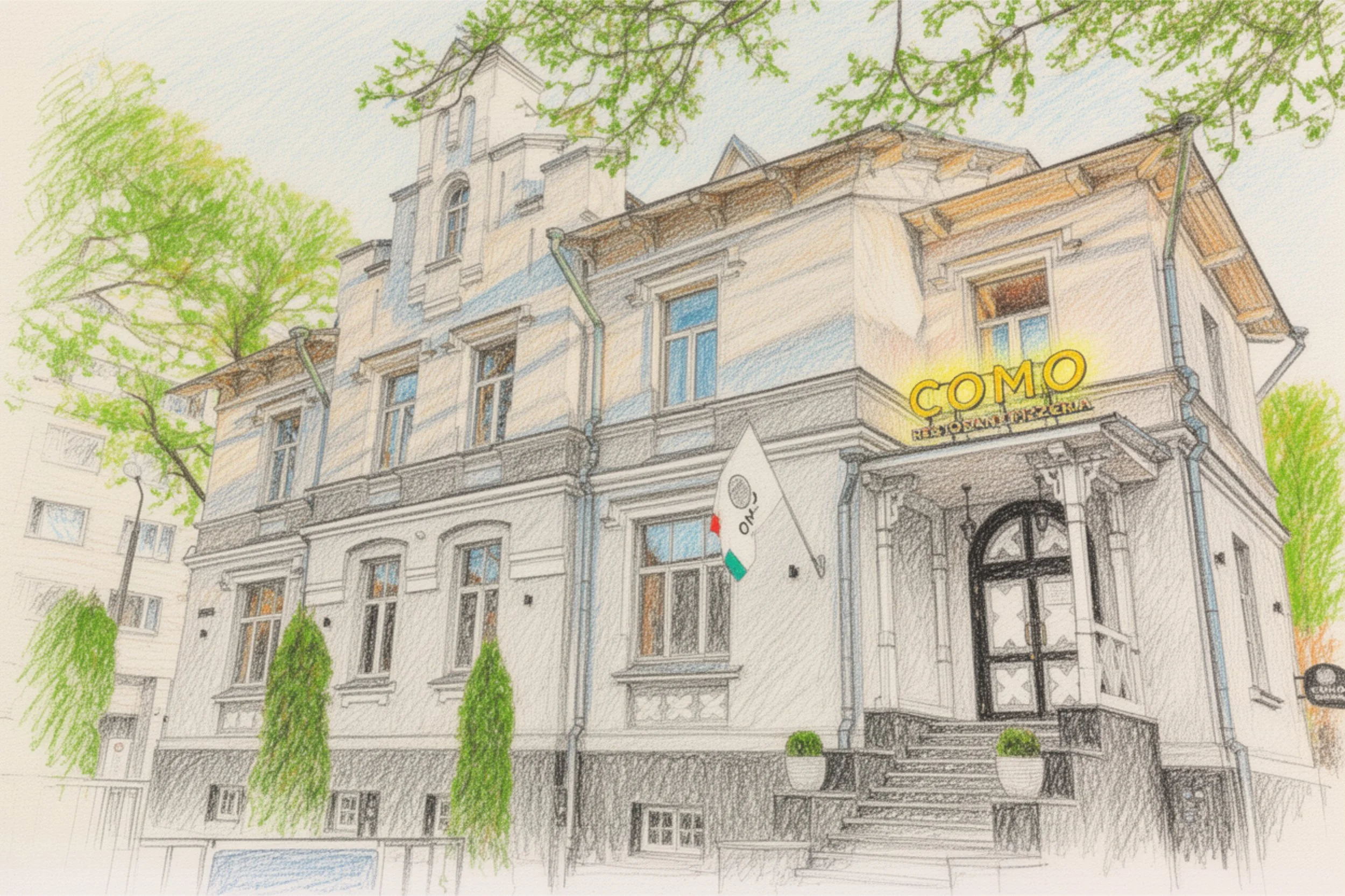 A sketch of a historic building with a yellow neon sign reading 'COMO,' above a doorway, and an Italian flag hanging nearby. Green trees surround the building.