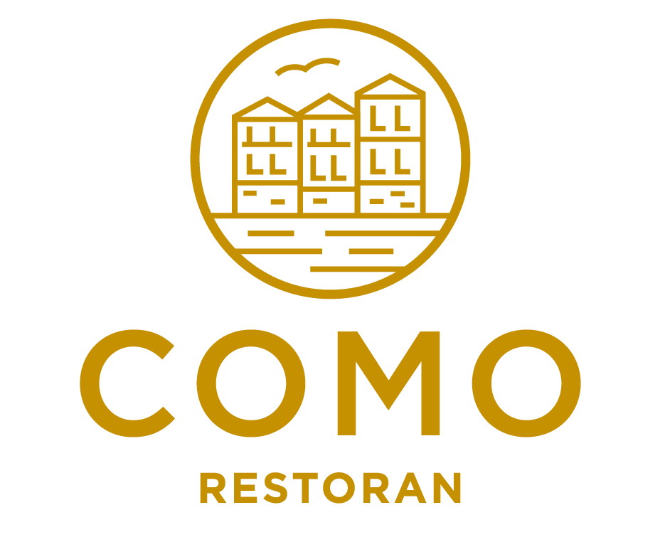 Logo with a circular icon depicting buildings, water, and a mountain, with the text 'COMO RESTORAN' below in gold color.