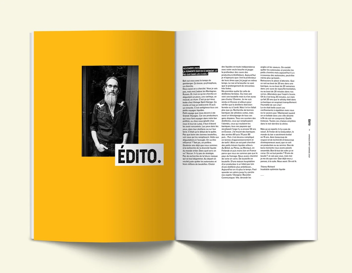 Direction artistique catalogue spiritueux - page édito portrait fondateur Vintage Spirit Garage