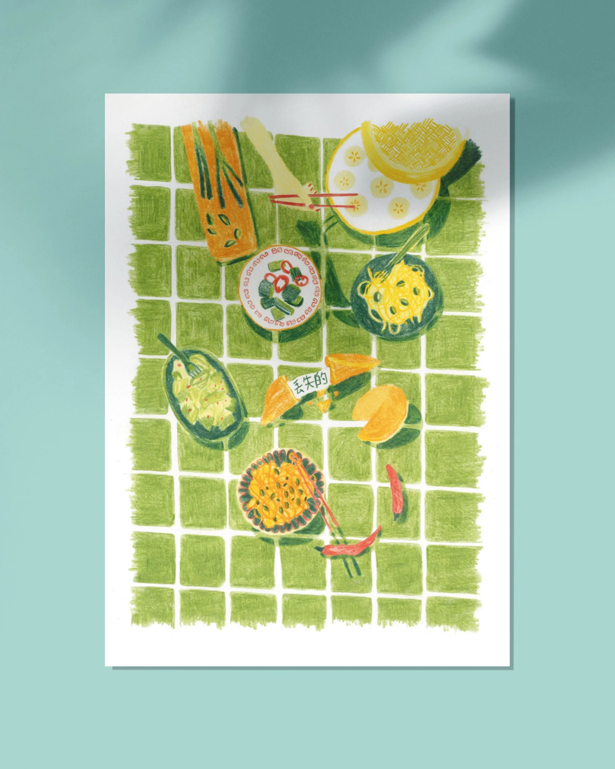 Affiche de décoration cuisine représentant une tablée conviviale chinoise, couleurs chaudes vert, jaune et orange, dessin au crayon.