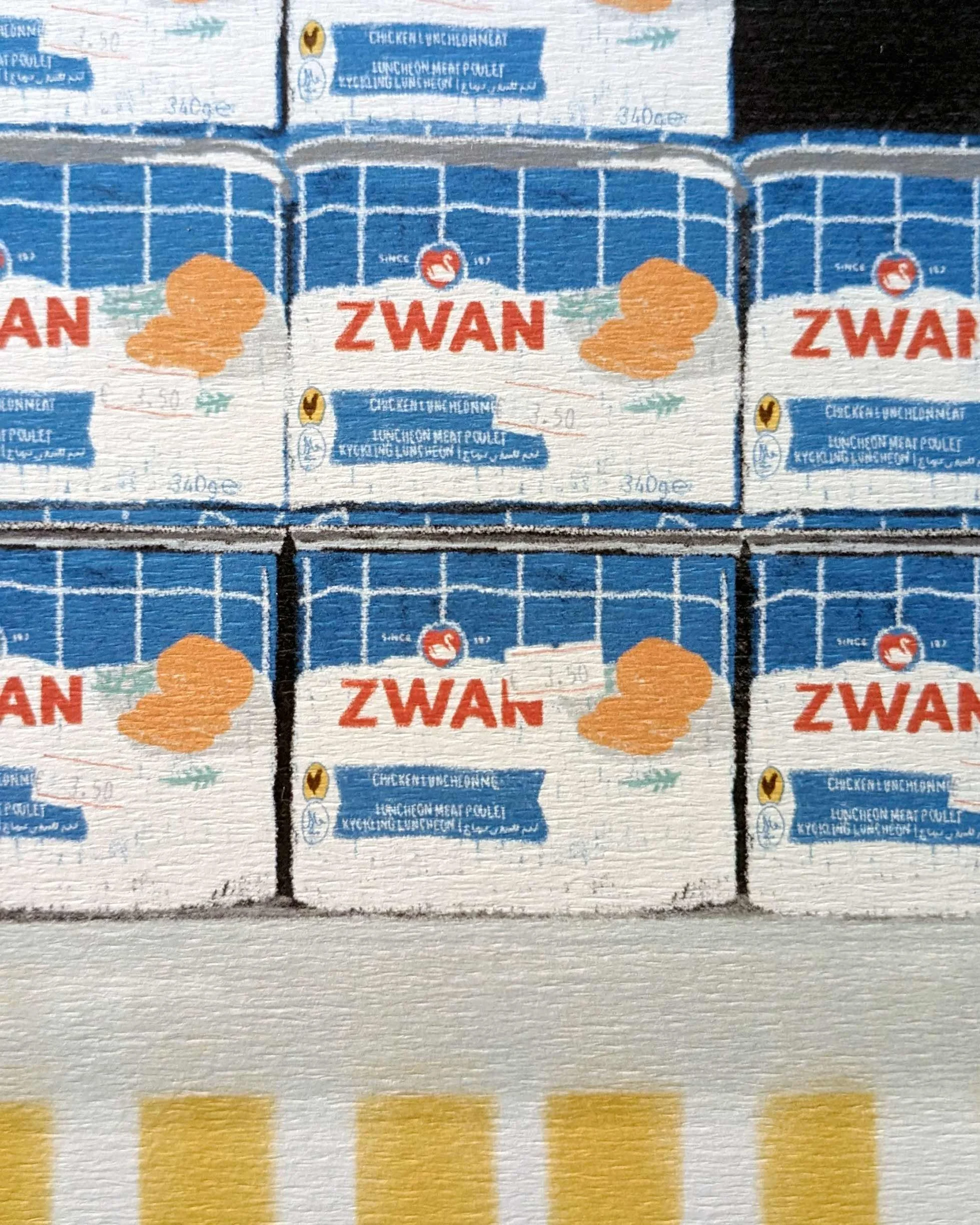 Zoom sur la texture du papier et du dessin numérique de conserves de corned beef Zwan