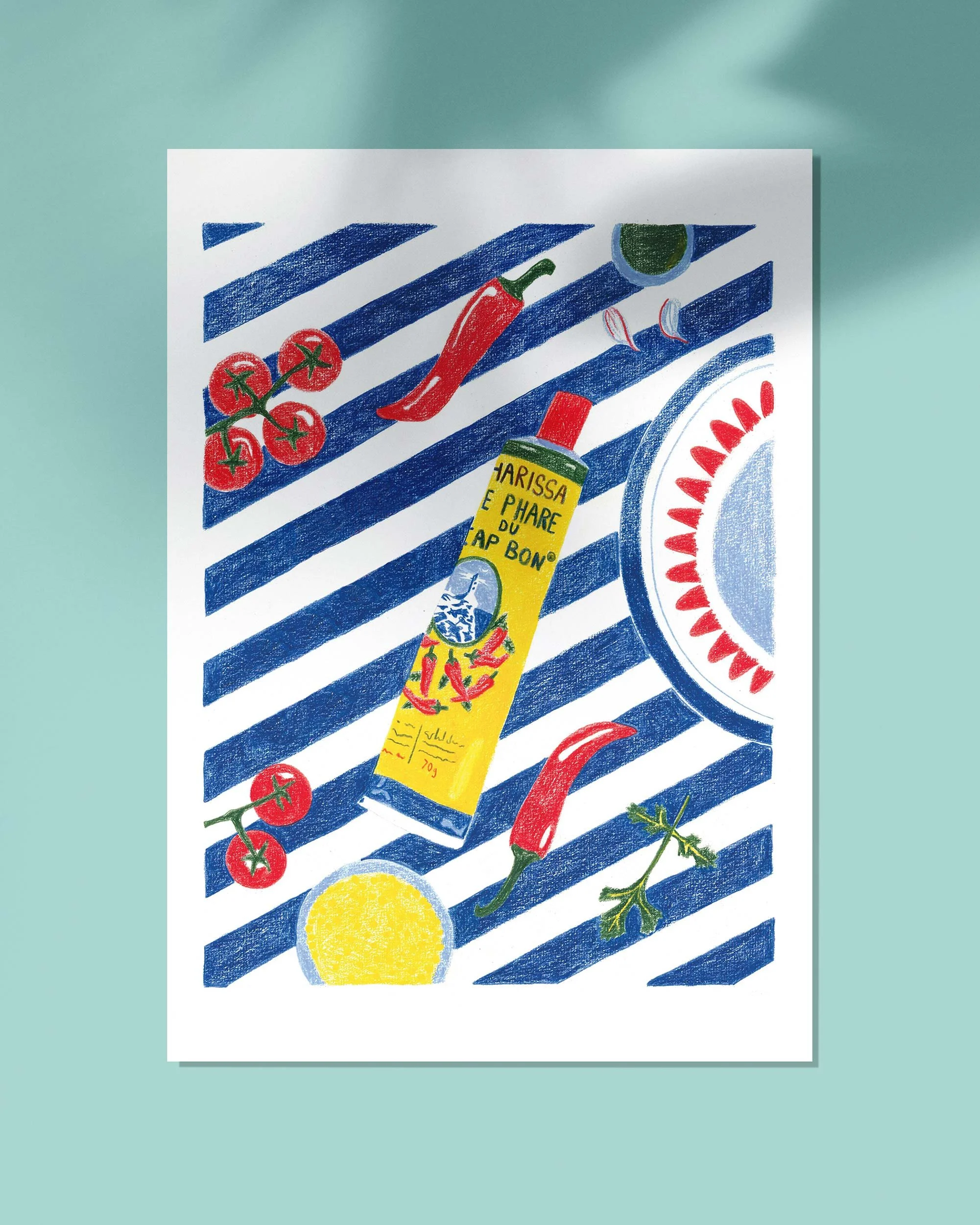 Affiche cuisine tunisienne représentant un tube de harissa sur un fond à rayures bleues, ensemble coloré