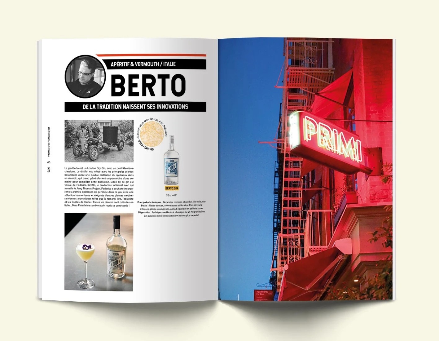 Direction artistique catalogue spiritueux - gin Berto pleine page photo italienne