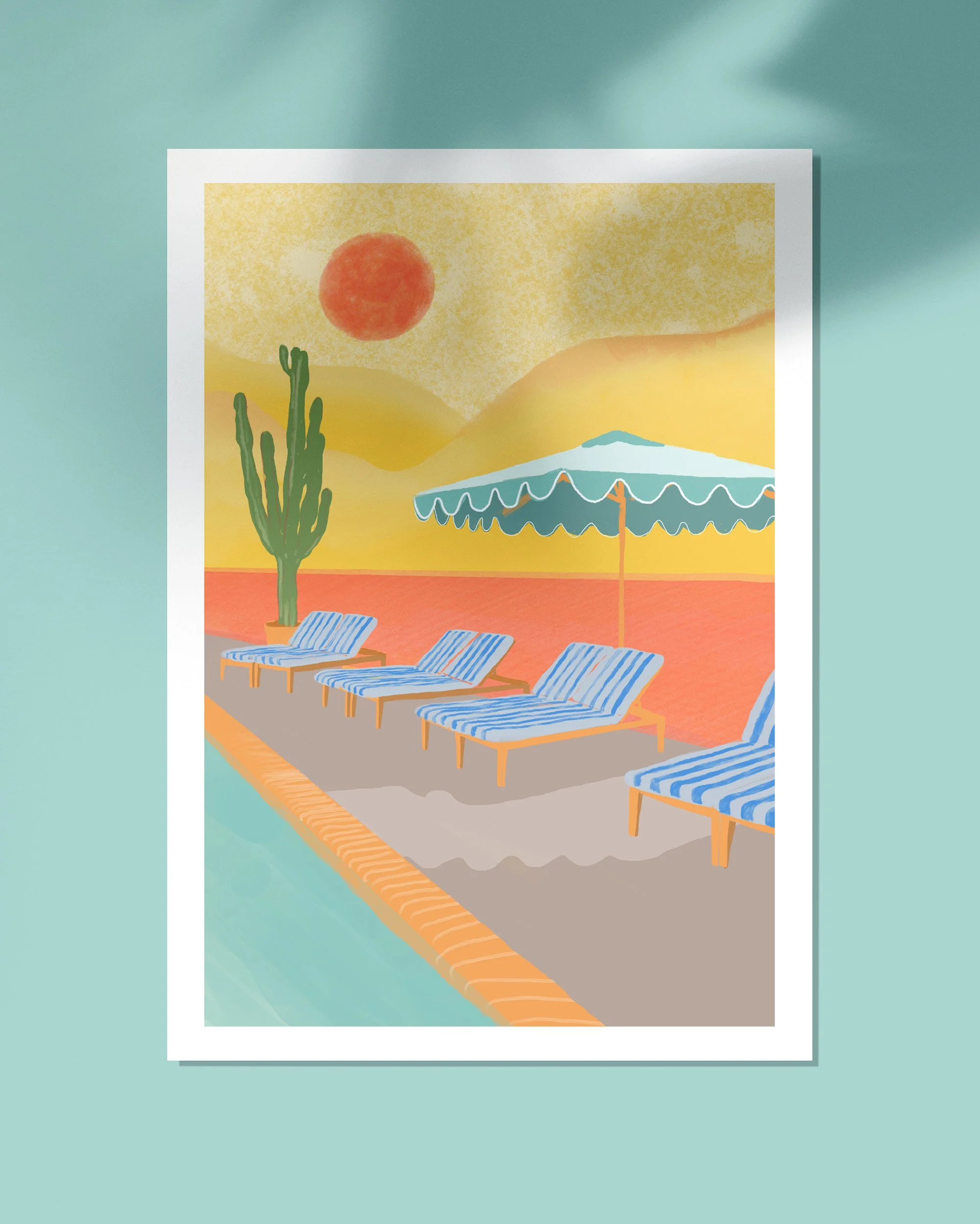 Illustration numérique, affiche de Lucie Leforestier d'un paysage estival de transats à côté d'une piscine