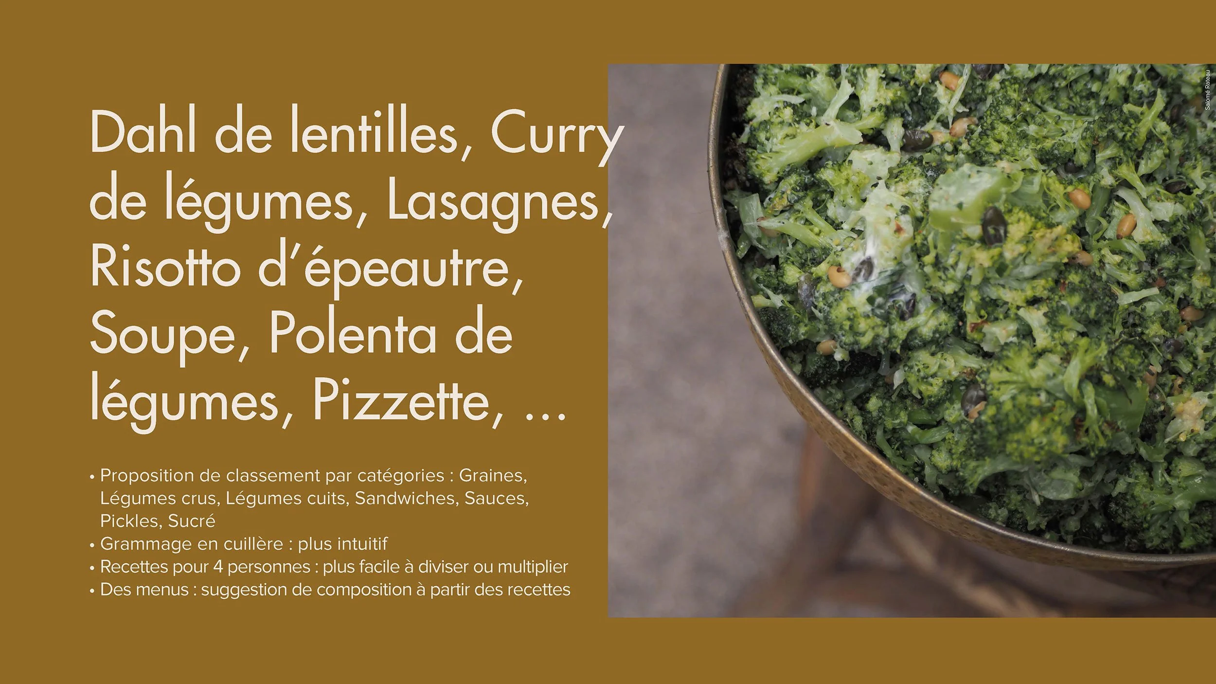 Organisation des chapitres du livre de recettes (Dahl, Lasagnes, Curry) avec visuels associés.