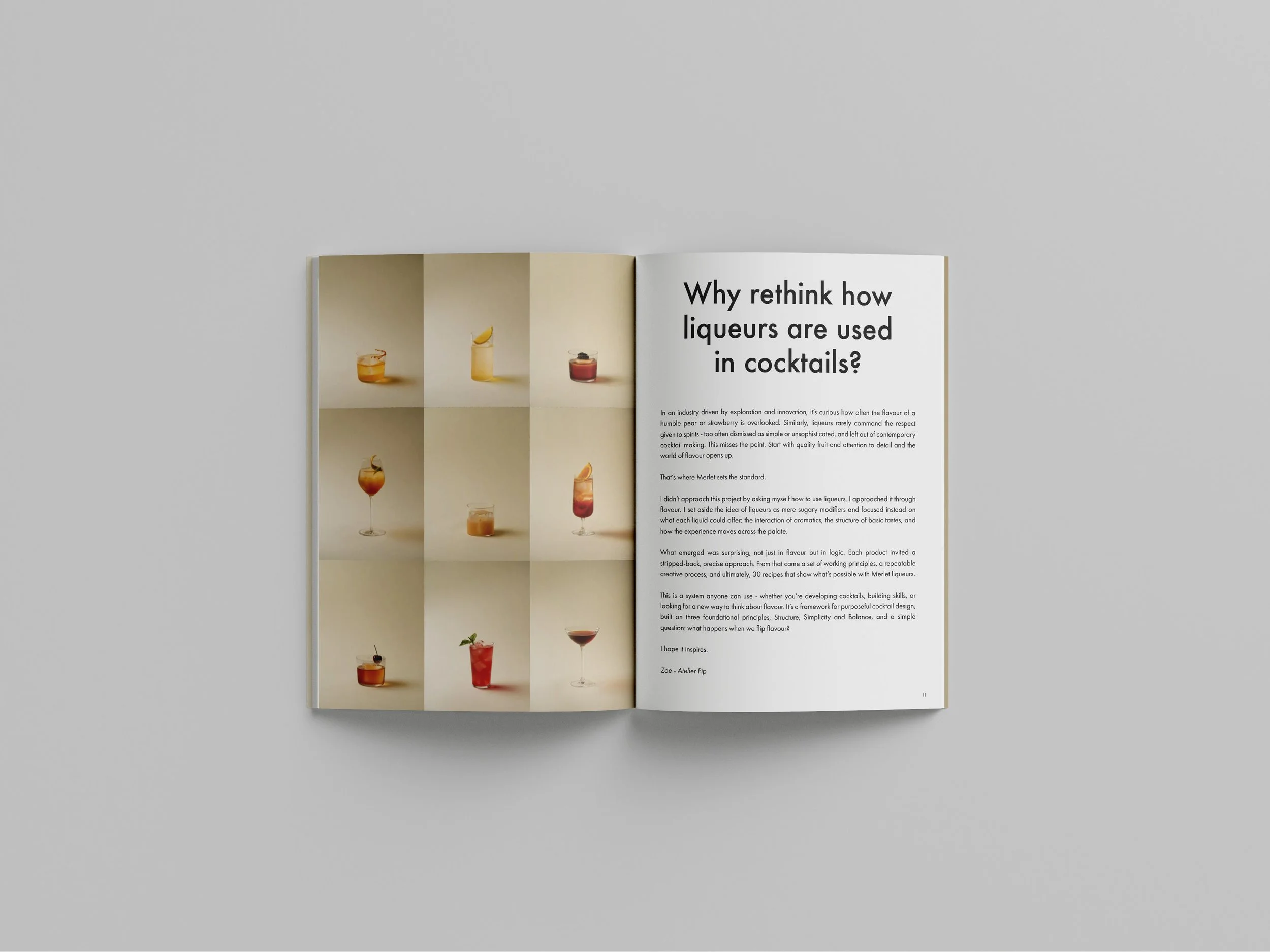 Mosaïque de photographies de cocktails et argumentaire stratégique sur l'usage des liqueurs.