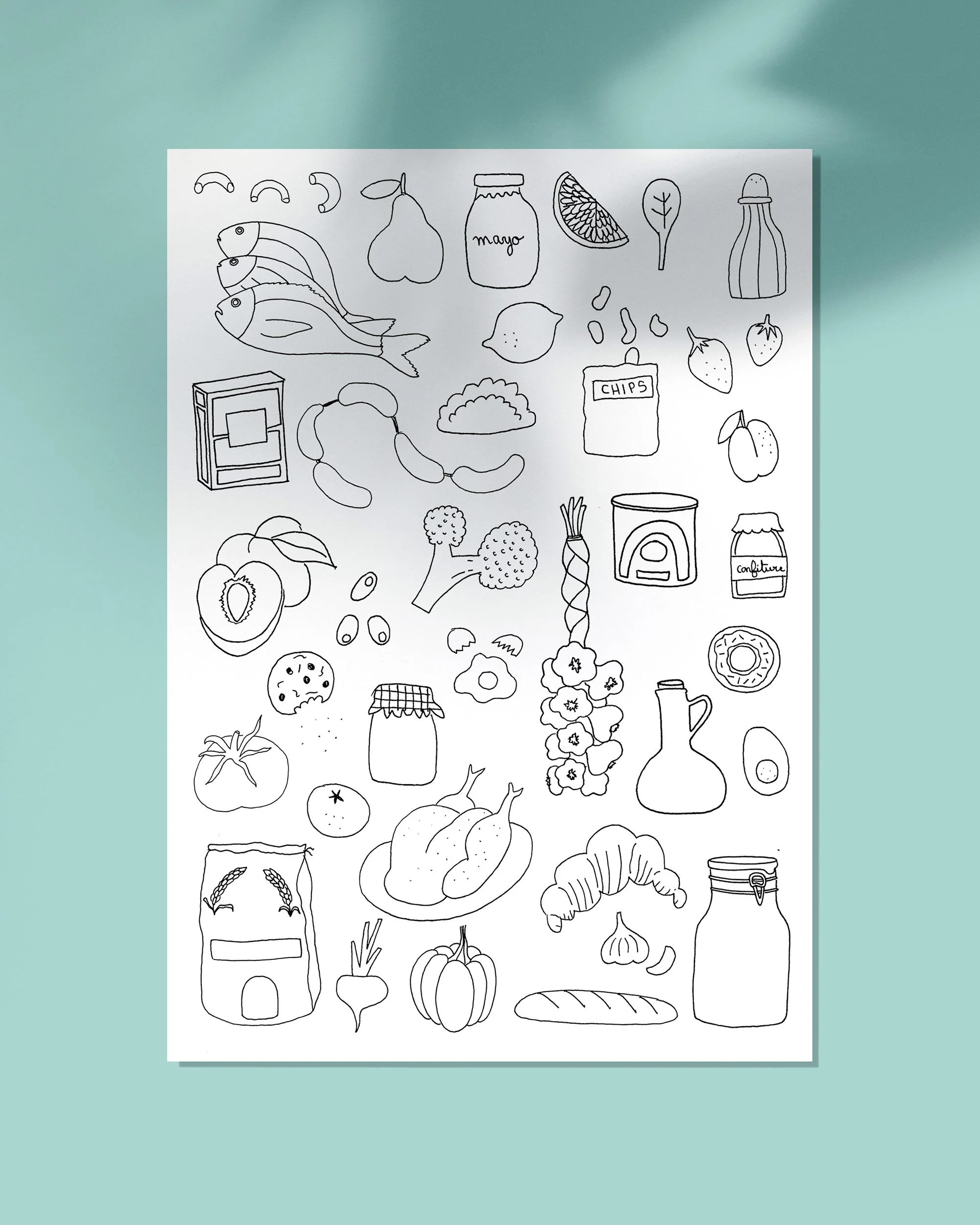 Carte postale illustrée à colorier avec des ingrédients culinaires dont un poisson, poulet, croissant, fruits et légumes