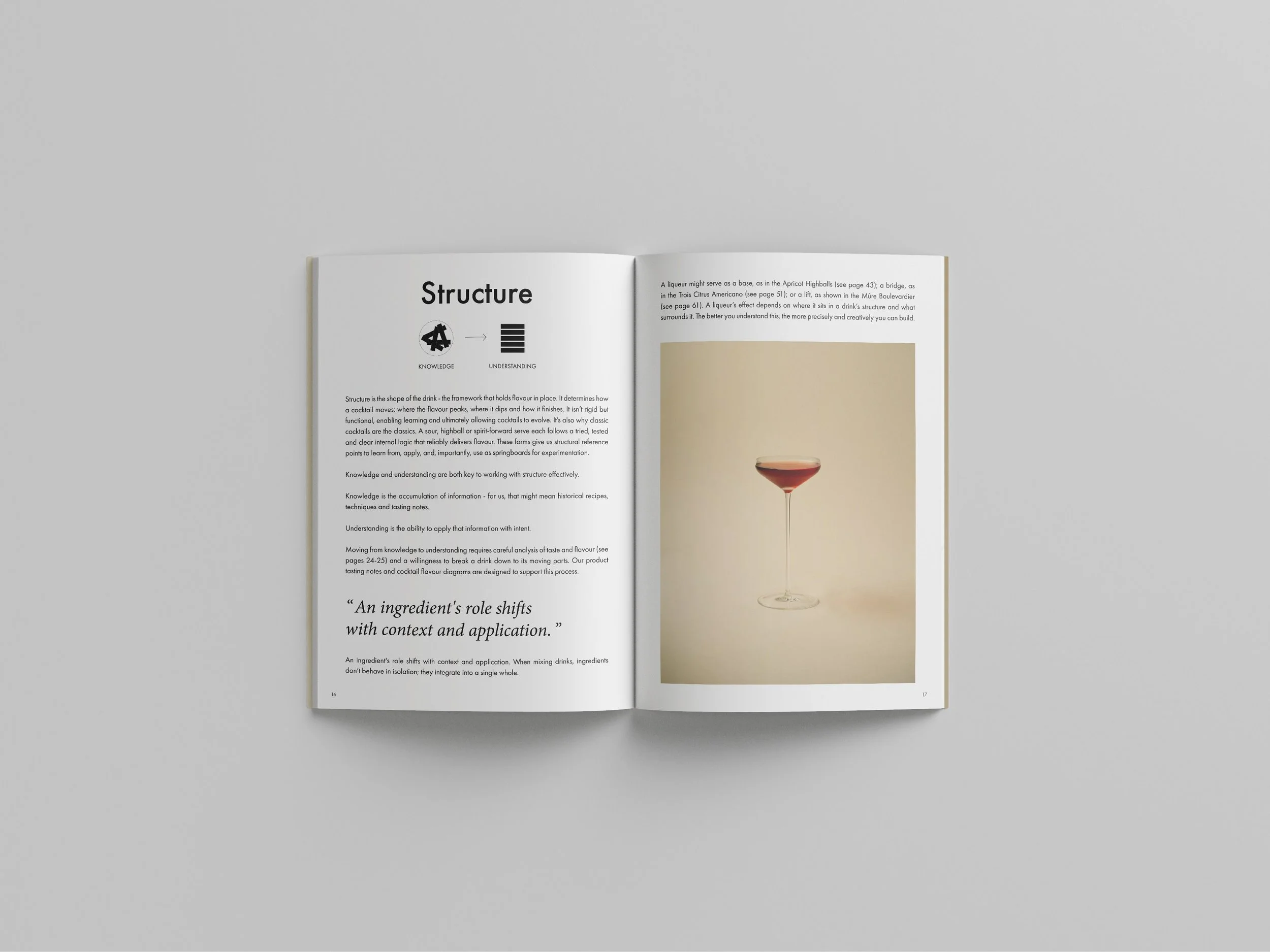 Design de la structure du livre avec icônes techniques, textes explicatifs et visuel de cocktail.
