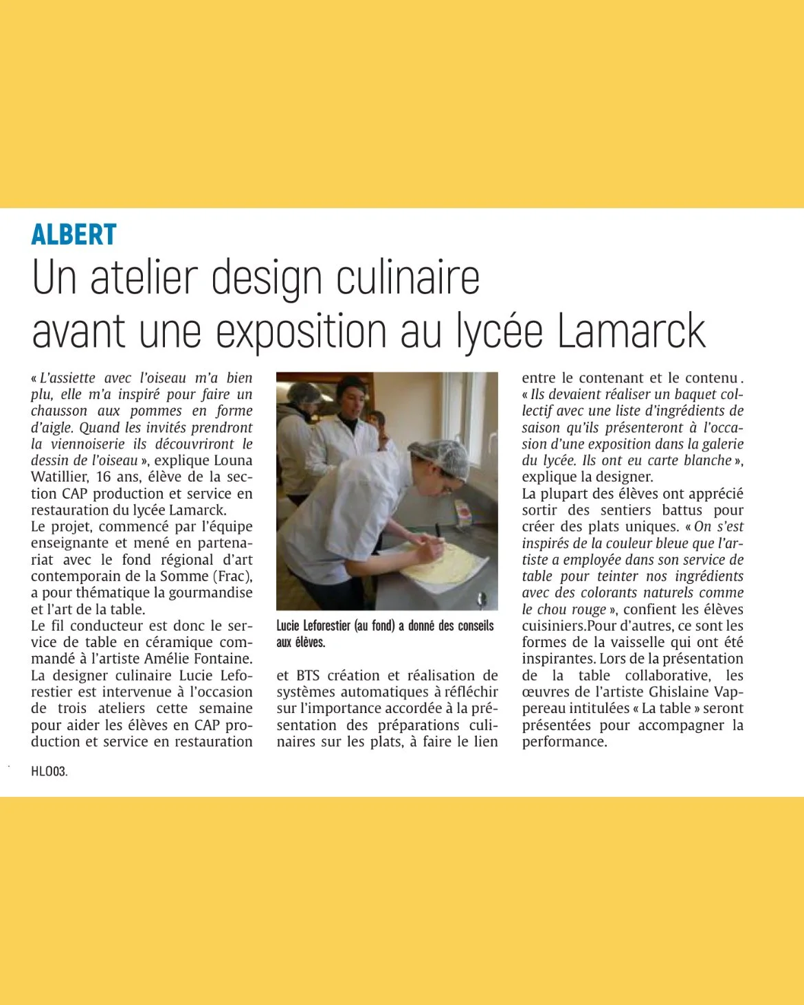 Coupure de presse du Courrier Picard relatant l'atelier de design culinaire au Lycée Lamarck d'Albert.