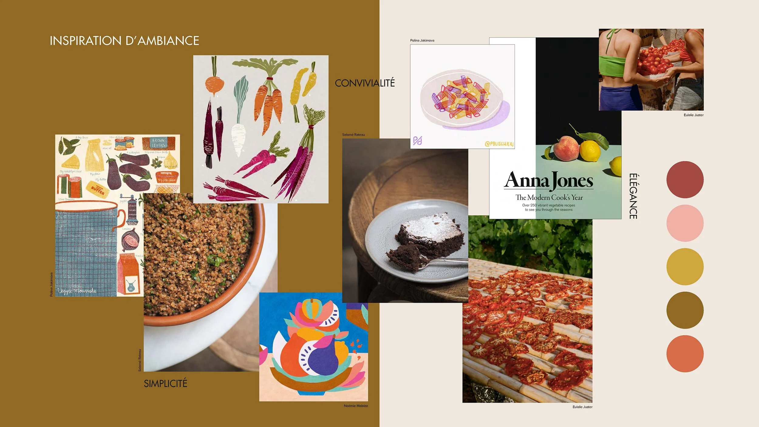 Planche d'inspiration culinaire mêlant textures végétales, lumières douces et palette colorée finale.