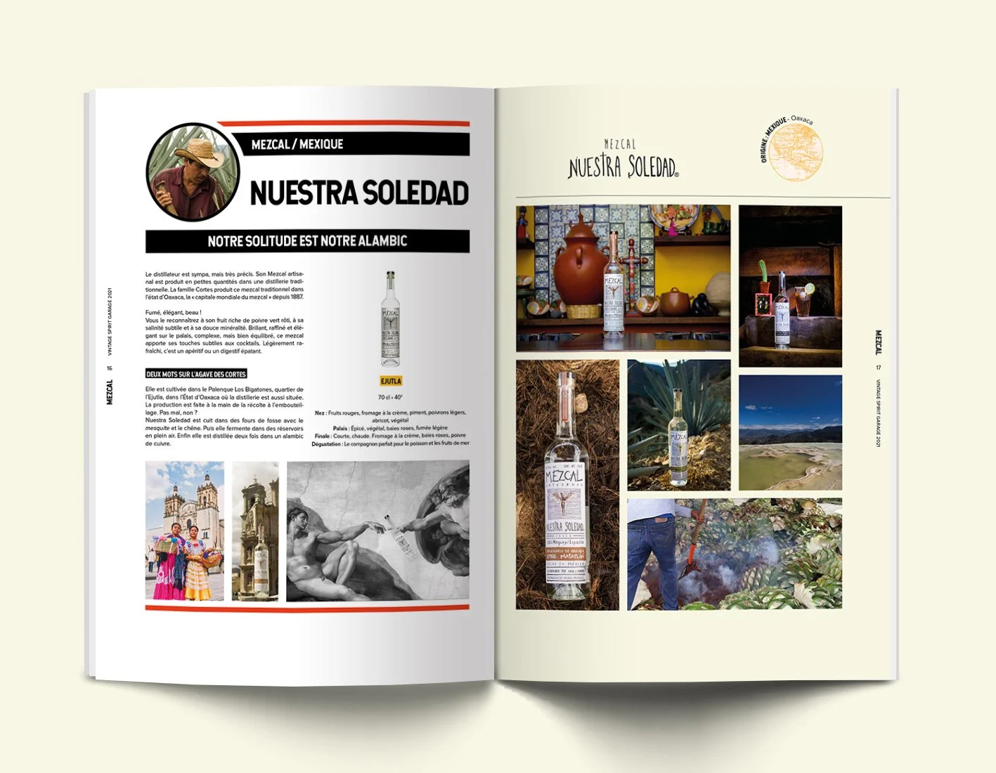 Mise en page graphique catalogue spiritueux - mezcal Nuestra Soledad