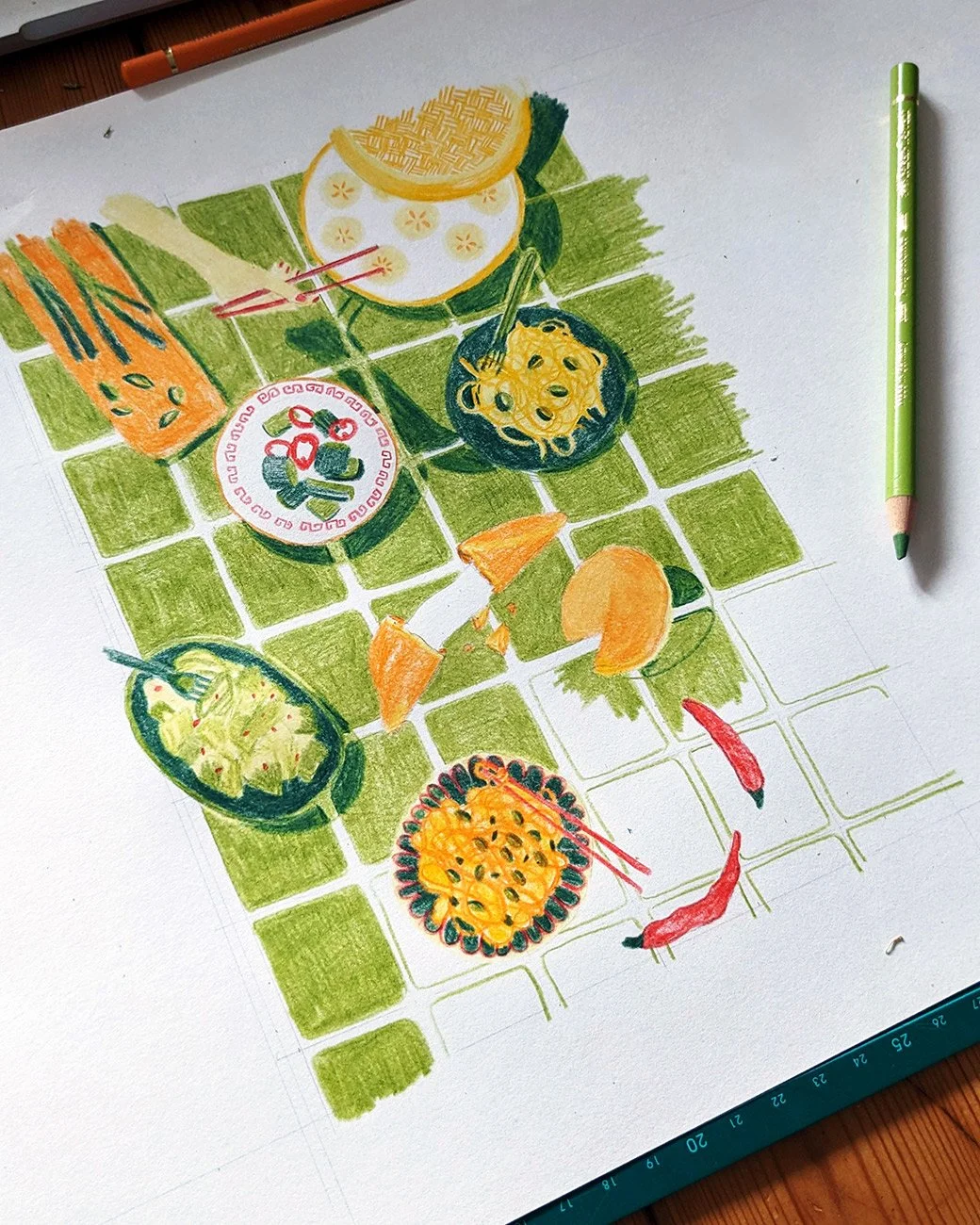 Processus créatif de dessin au crayon, affiche de décoration cuisine représentant une tablée conviviale chinoise, couleurs chaudes.