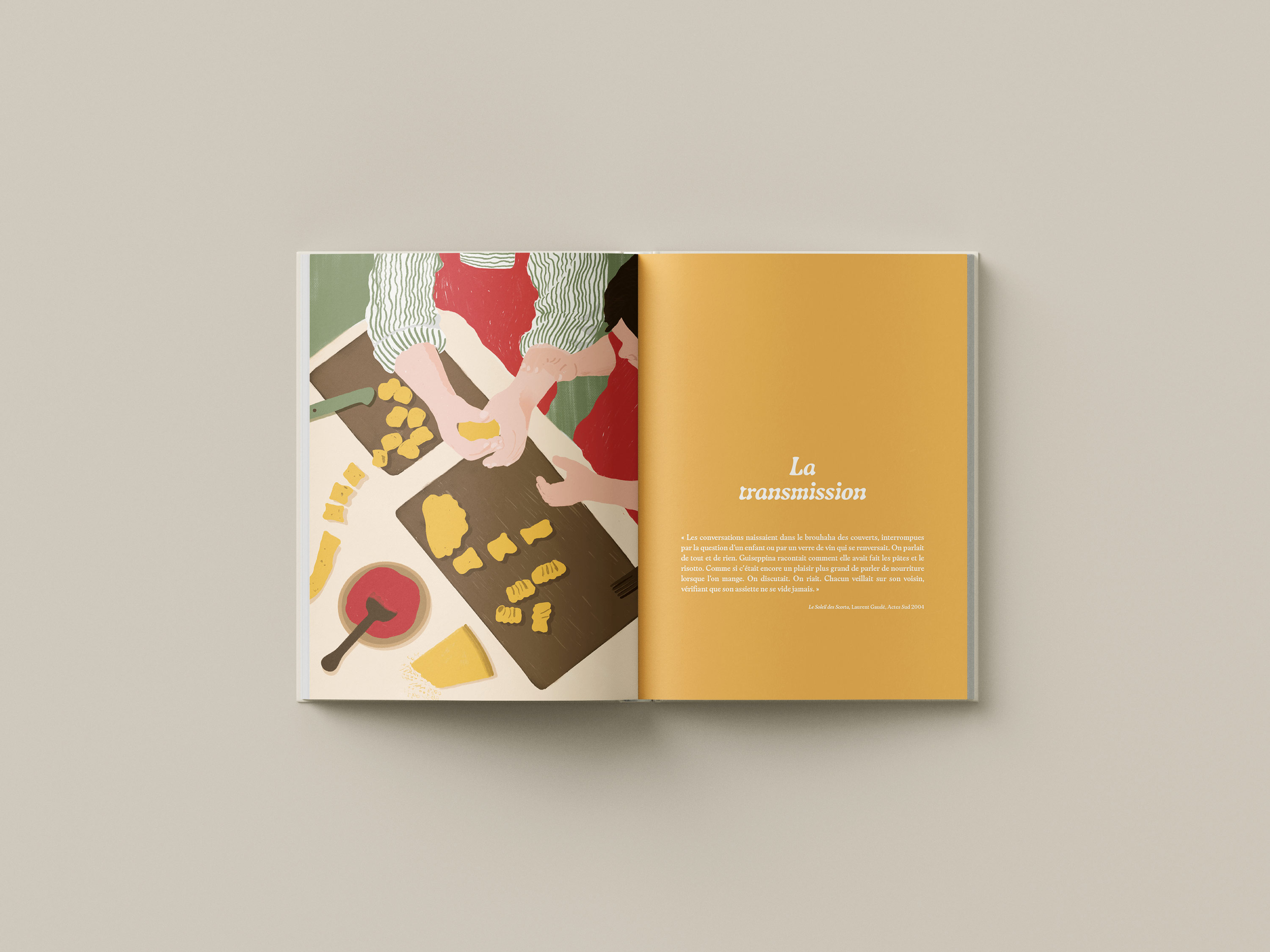 Ouverture du chapitre Transmission : illustration montrant un adulte et un enfant préparant des gnocchis à la main.