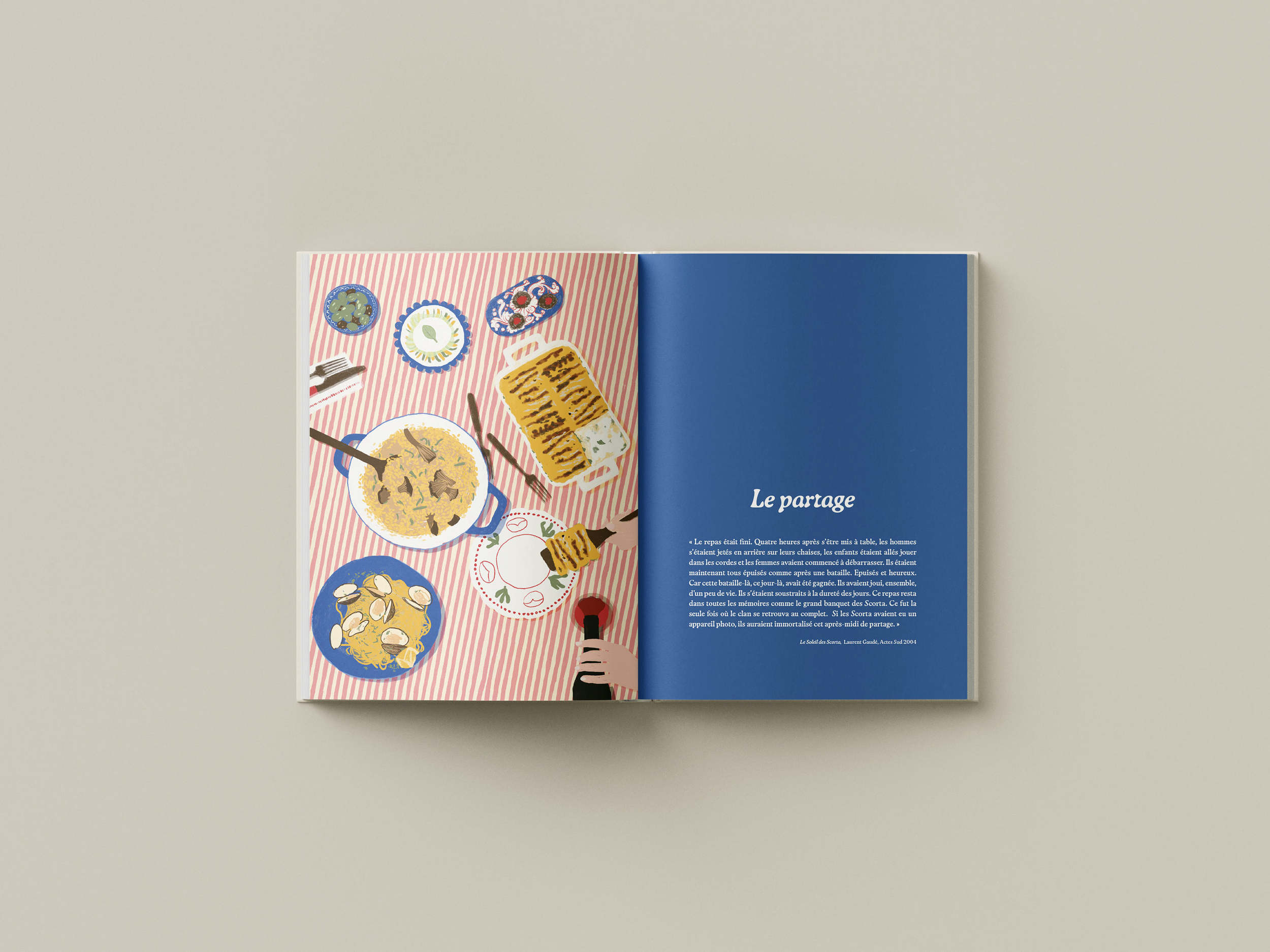 Ouverture du chapitre Partage : illustration colorée d'une tablée rayée avec service du vin et ambiance chaleureuse.