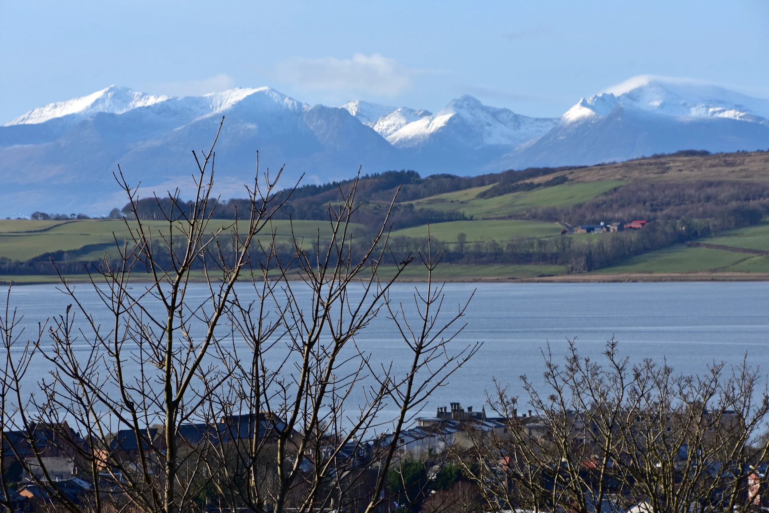 Snow-capped mountains in the distance with a body of water and a small town or village with houses in the foreground, and leafless trees.